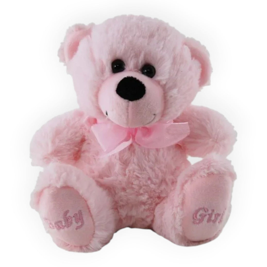 A pink plush teddy bear with a matching pink bow on its neck, featuring embroidered text on its feet reading 'Baby' and 'Girl', set against a plain white background.