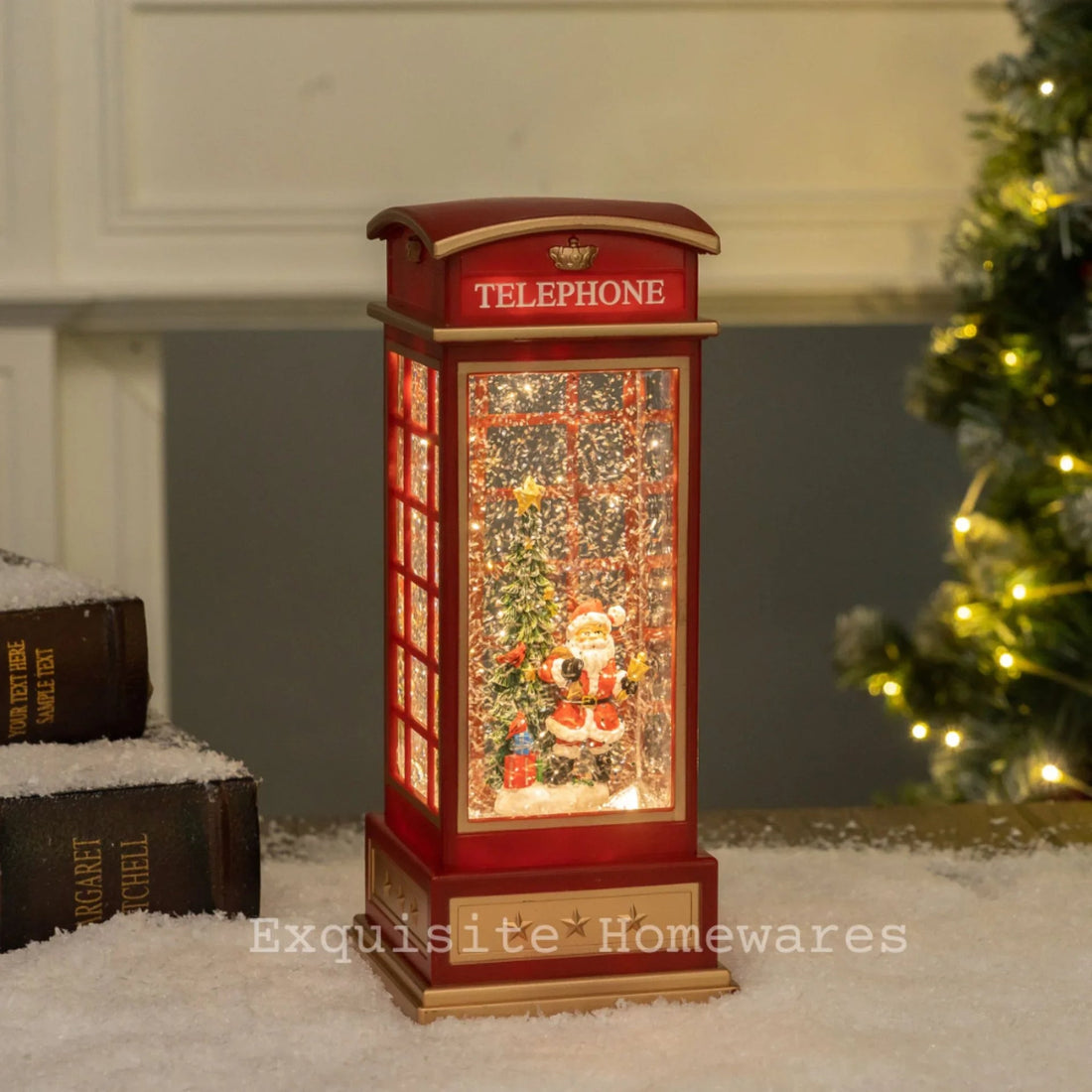 Musical Retro Telephone Booth Santa globe with Music - 24.8x10.4x10.4cm