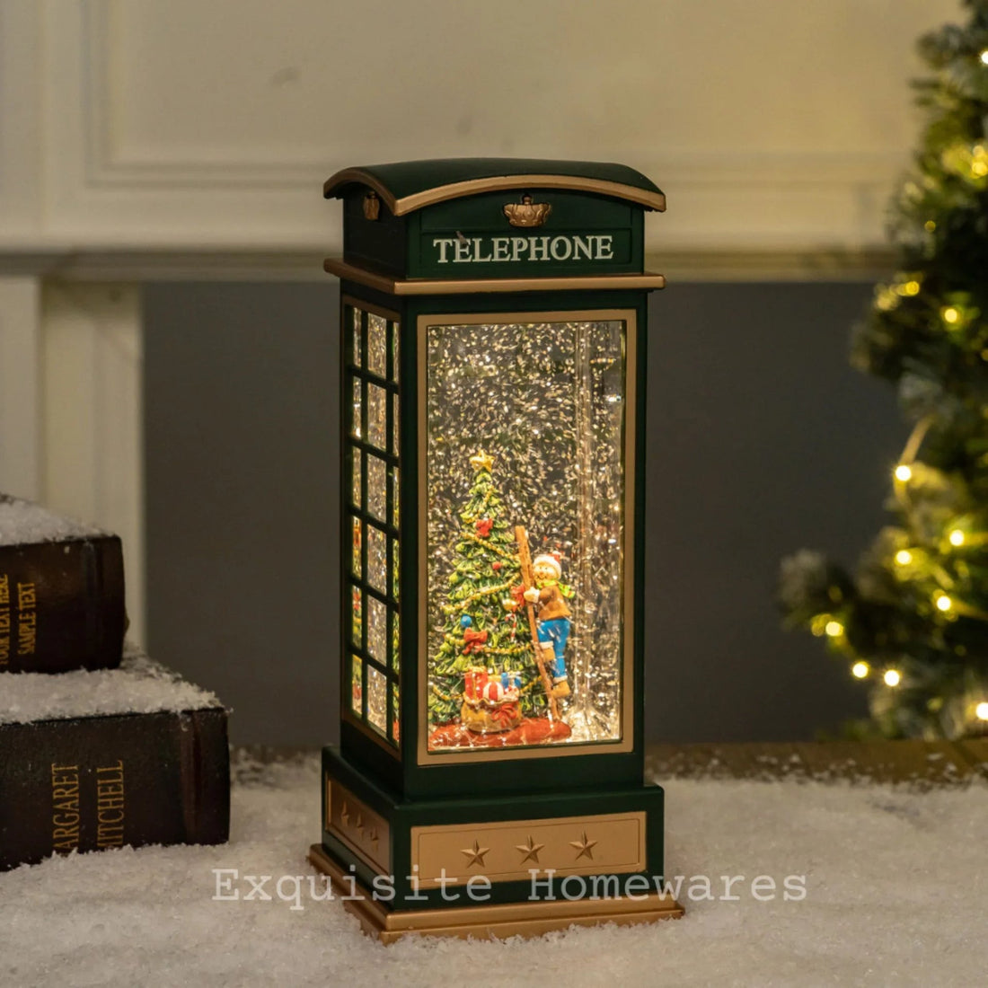 Musical Retro Telephone Booth Christmas Tree Snow globe with Music - 24.8x10.4x10.4cm
