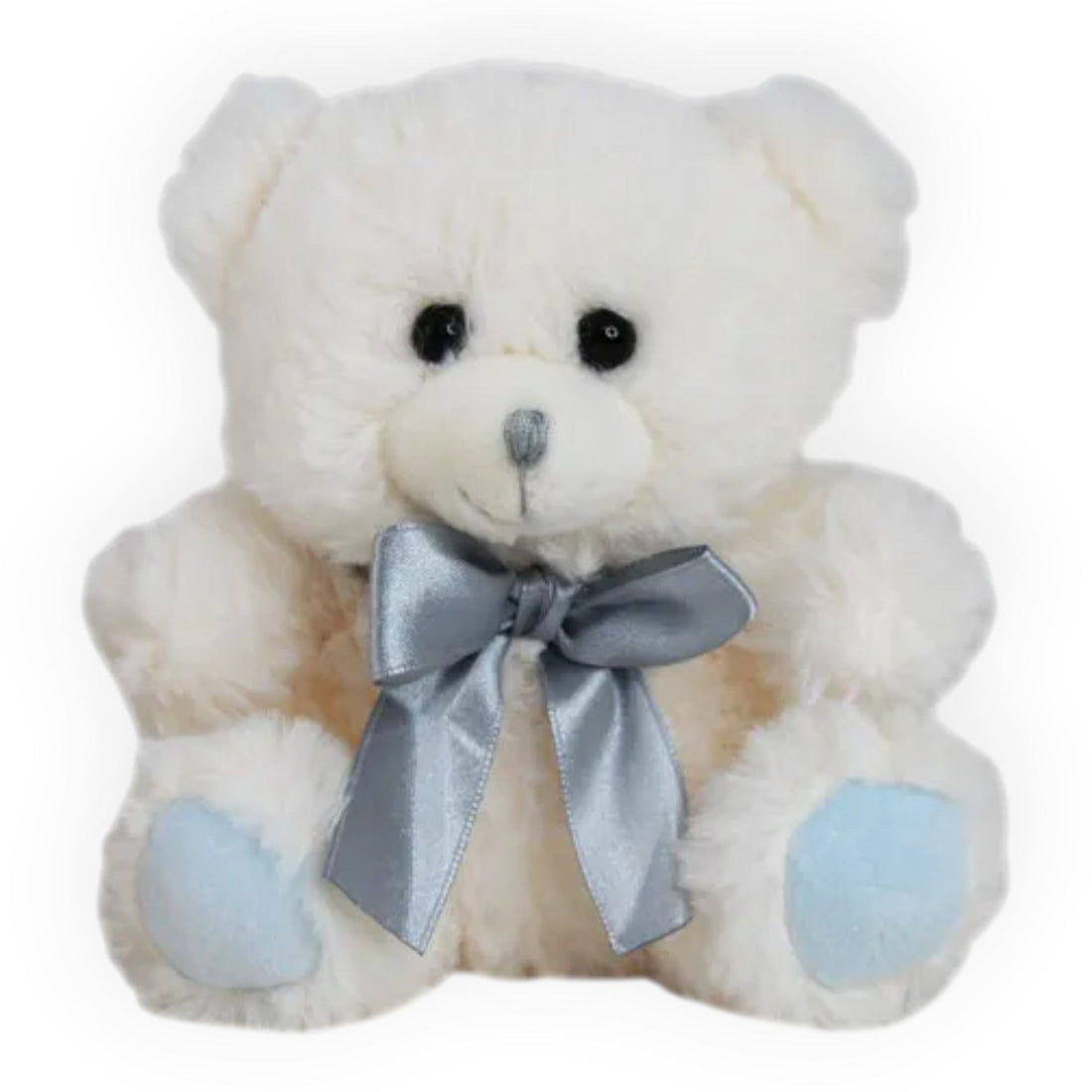 A white plush teddy bear with black bead eyes, a gray stitched nose, a shiny light blue satin bow around its neck, and light blue paw pads, shown against a plain white background.