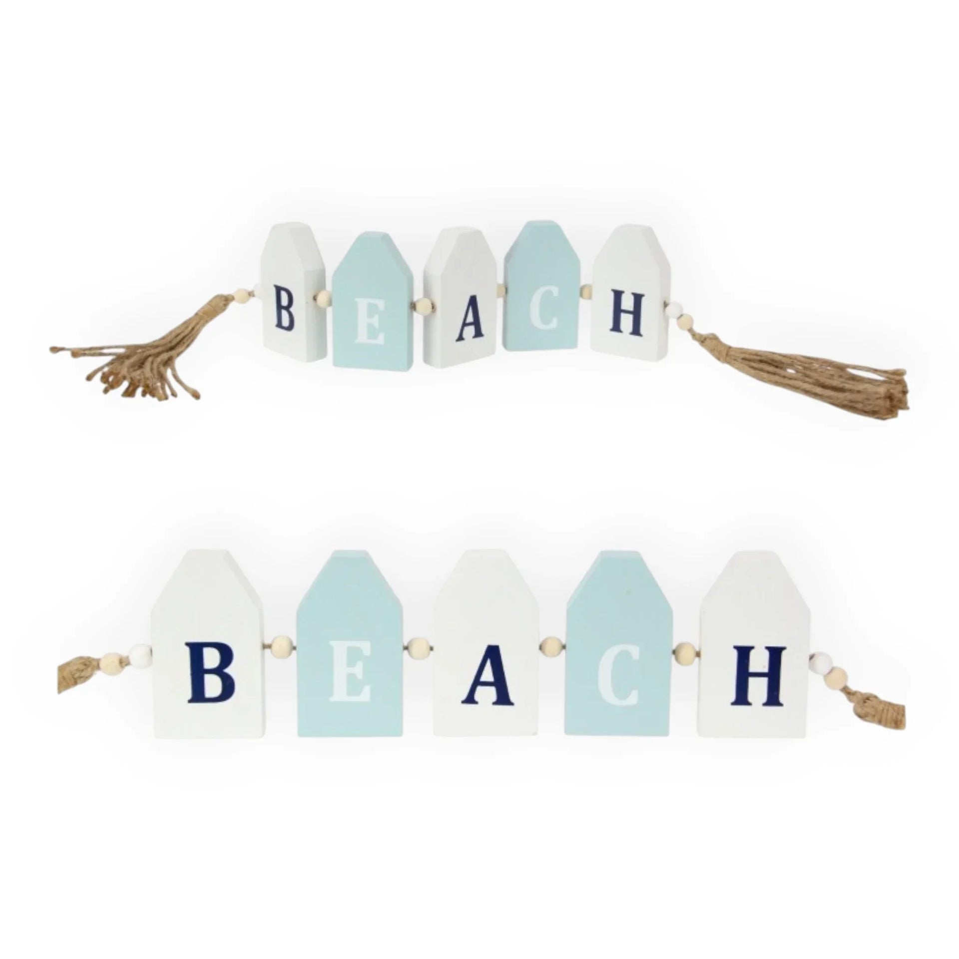Beach-themed wooden letter garland with tassels, coastal home décor accent