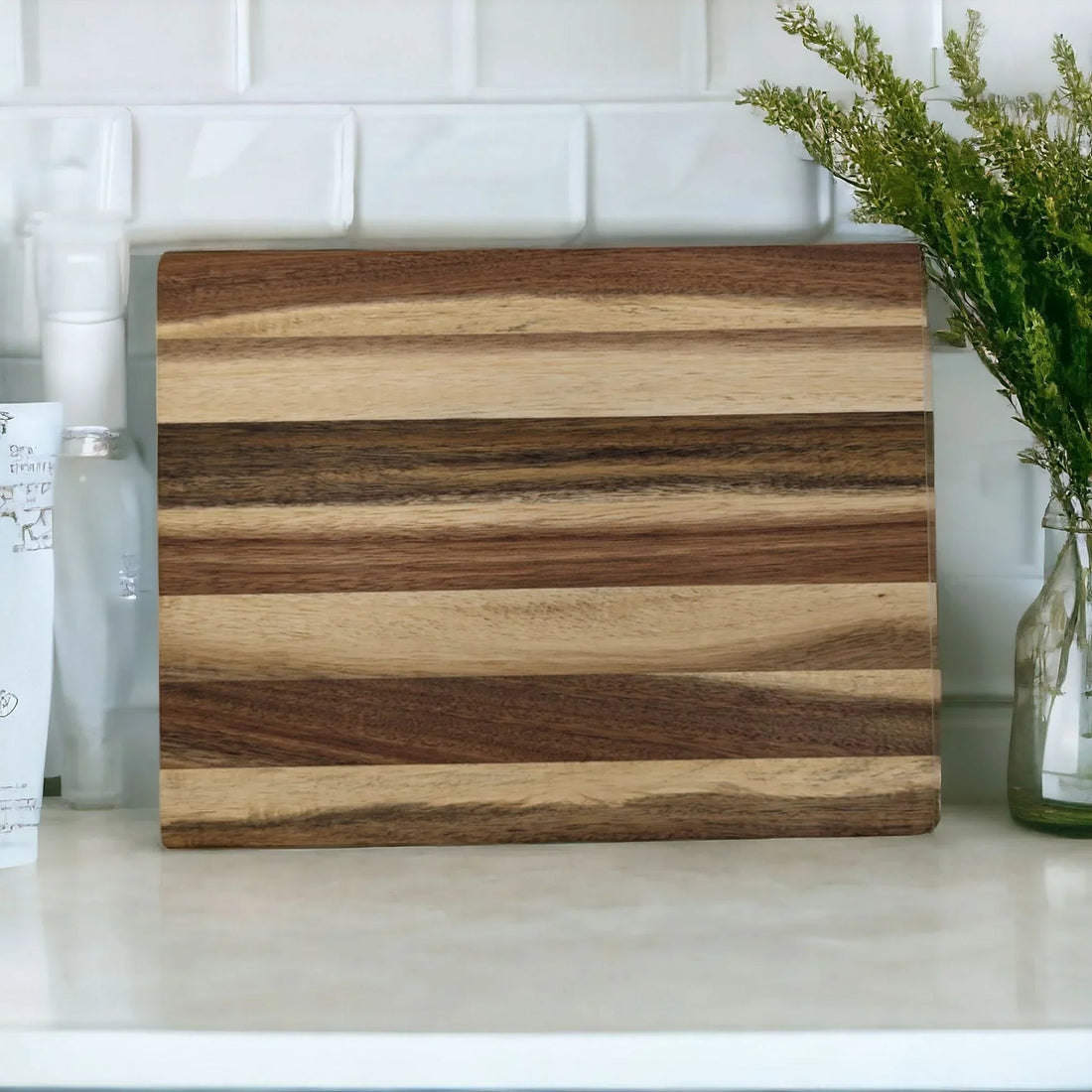 Wooden cutting board with striped grain, kitchen countertop decor, natural wood homeware