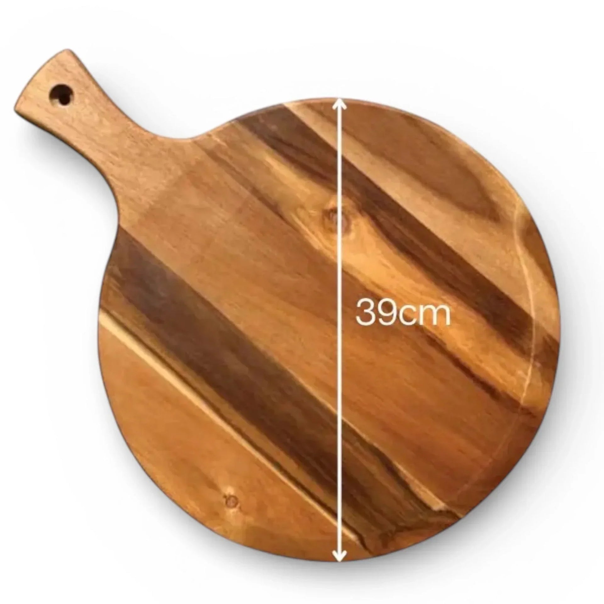 Round wooden serving board 39cm with handle, natural grain, home décor