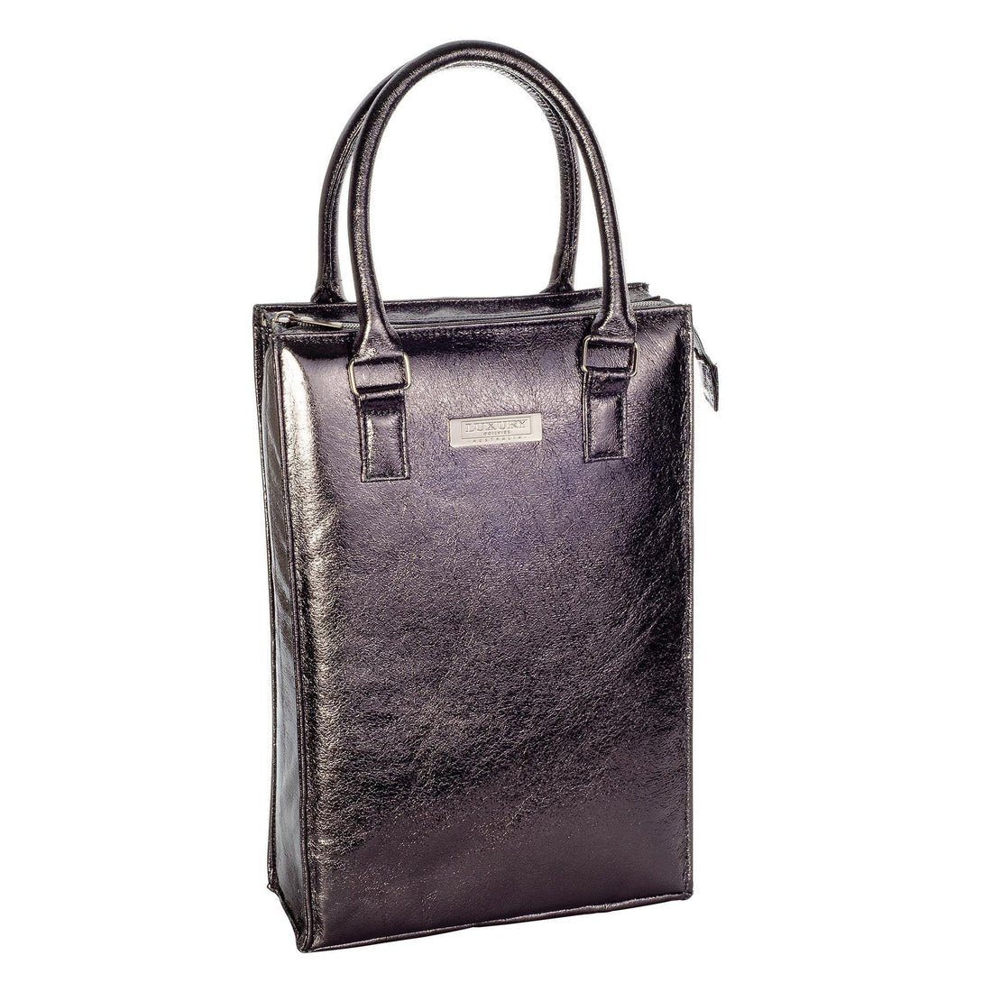 Luxury metallic purple handbag with dual handles and gold-tone hardware, perfect for elegant home décor or gifting.
