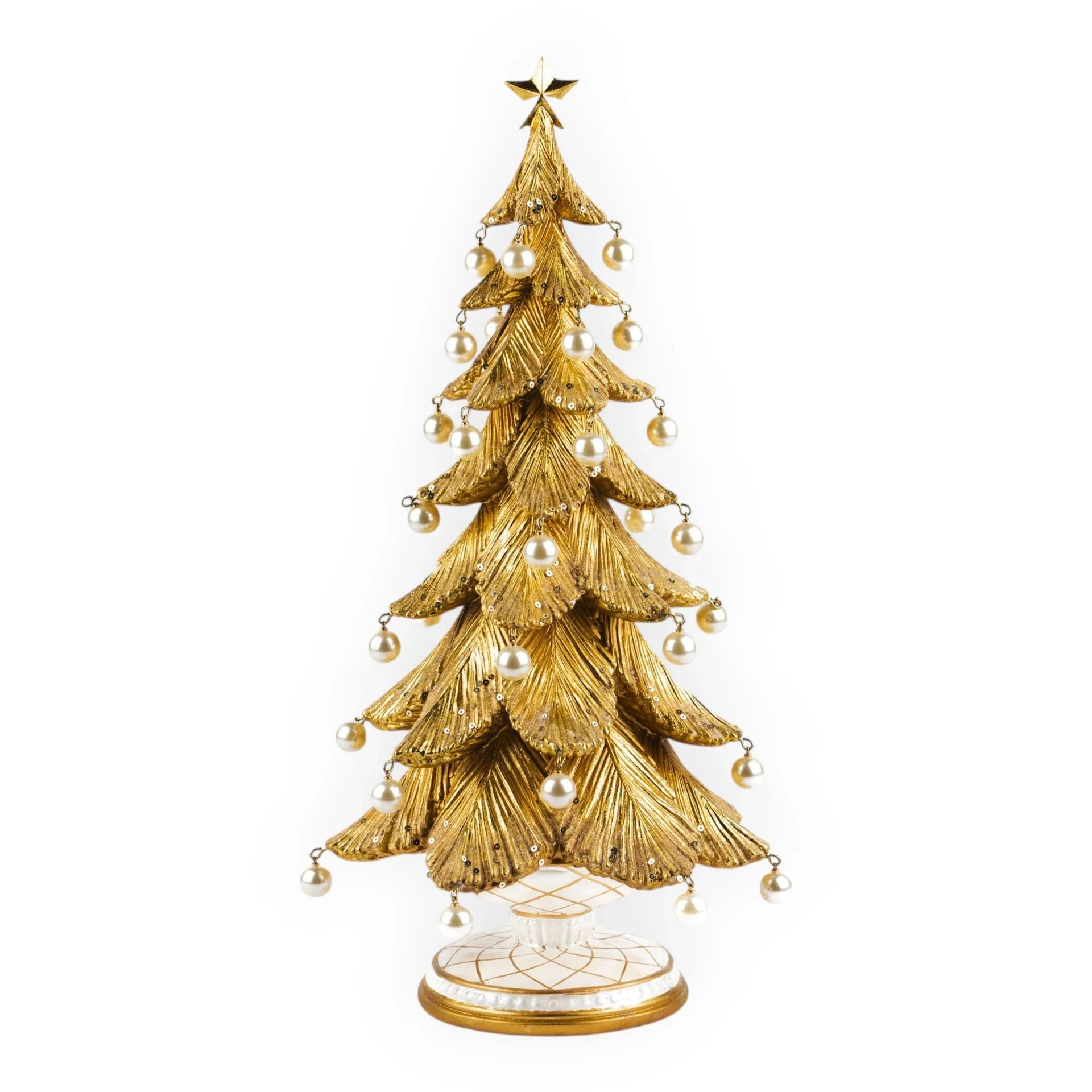 Gold Christmas tree decoration with pearl ornaments and star topper, elegant holiday home décor