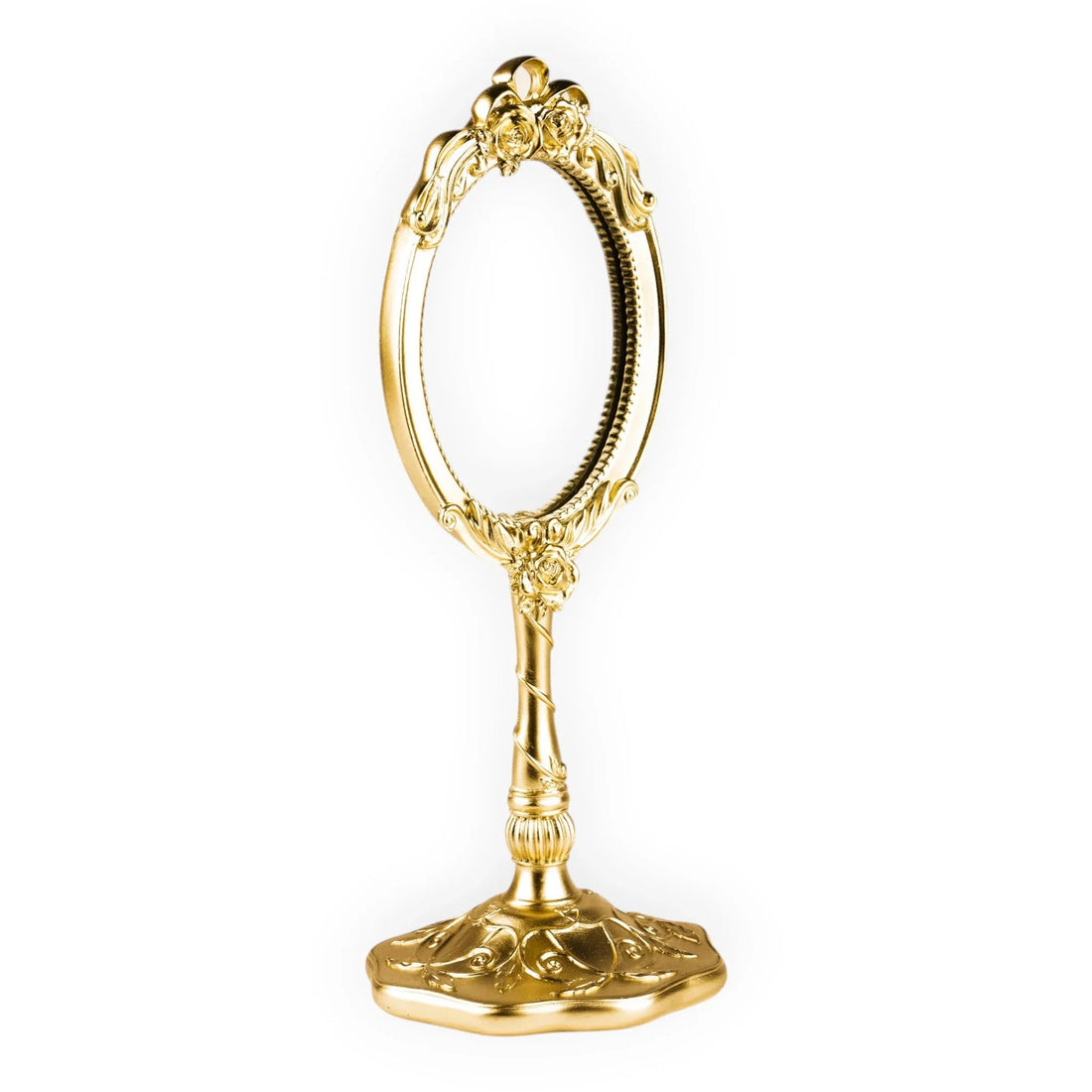 Elegant gold vanity mirror with ornate rose detailing, vintage-style home décor accessory