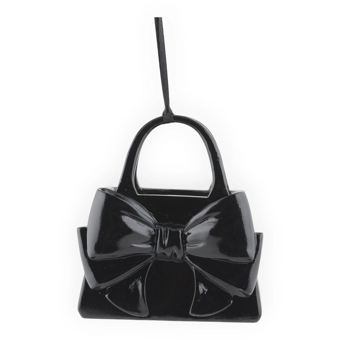 Glossy black handbag ornament with large bow, perfect for home décor or festive hanging display.