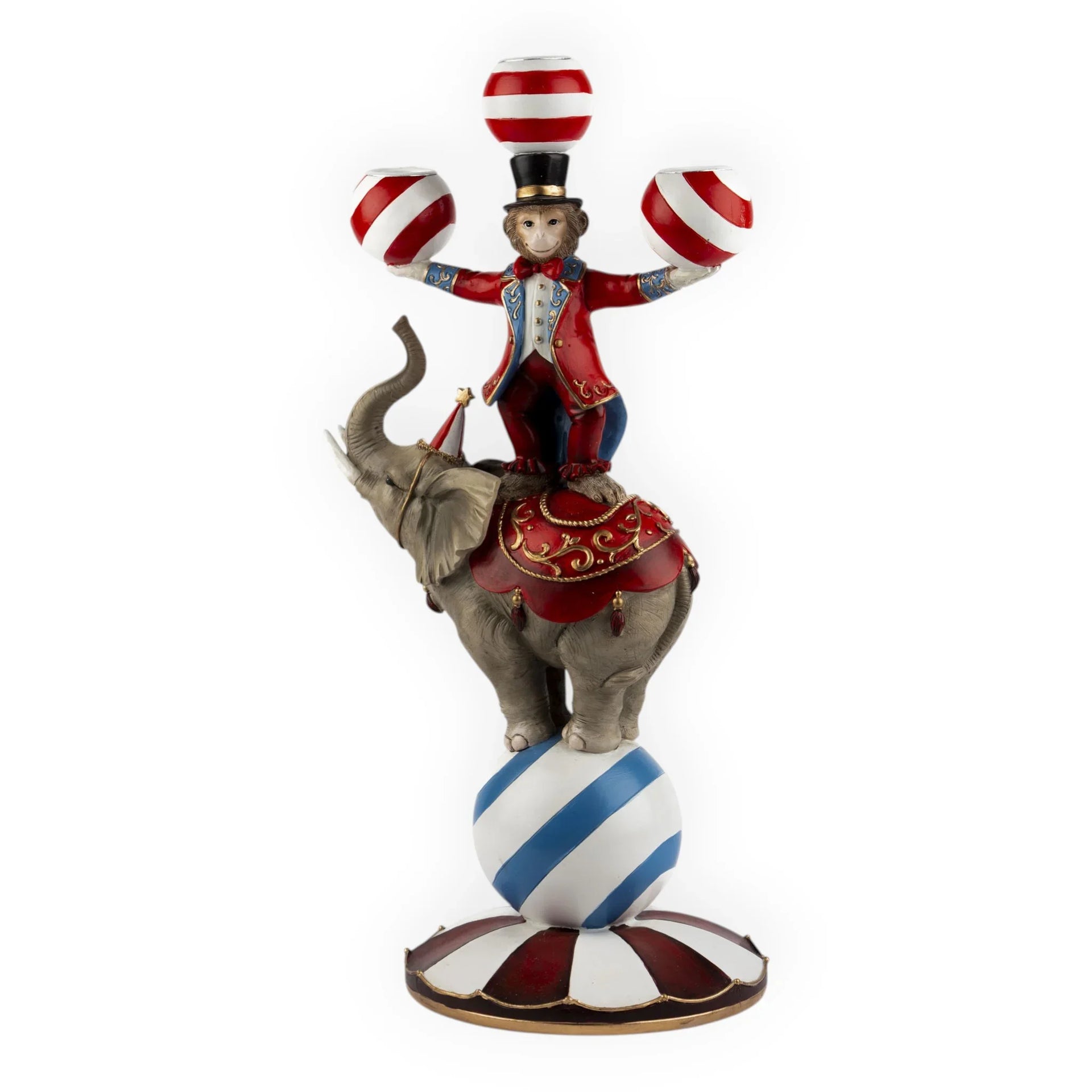Circus monkey figurine in red coat balancing on elephant atop striped ball, vintage home décor accent