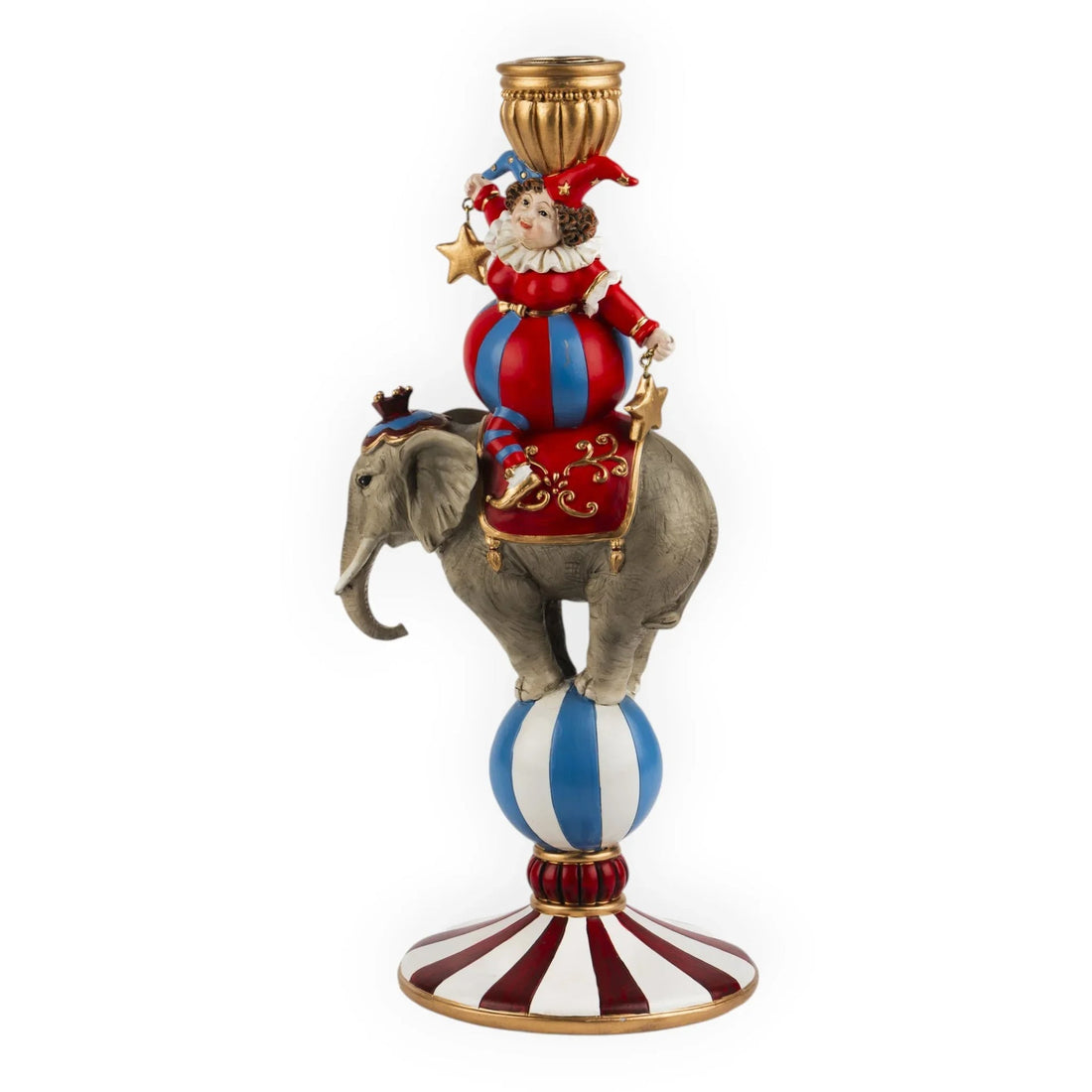 Circus-themed candle holder with jester on elephant, vintage home décor, red blue gold accents