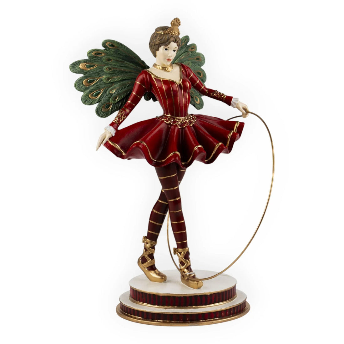 Red and gold fairy figurine with peacock wings, holding a hoop, elegant home décor accent piece