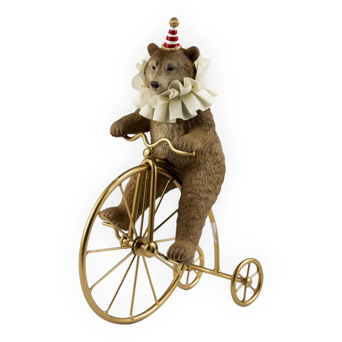 Circus bear figurine on gold tricycle with party hat and ruffled collar, vintage home décor accent