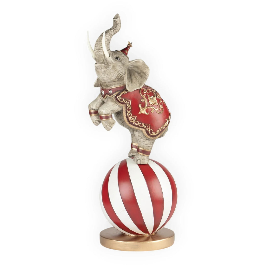Circus elephant figurine balancing on red and white striped ball, vintage home décor accent piece