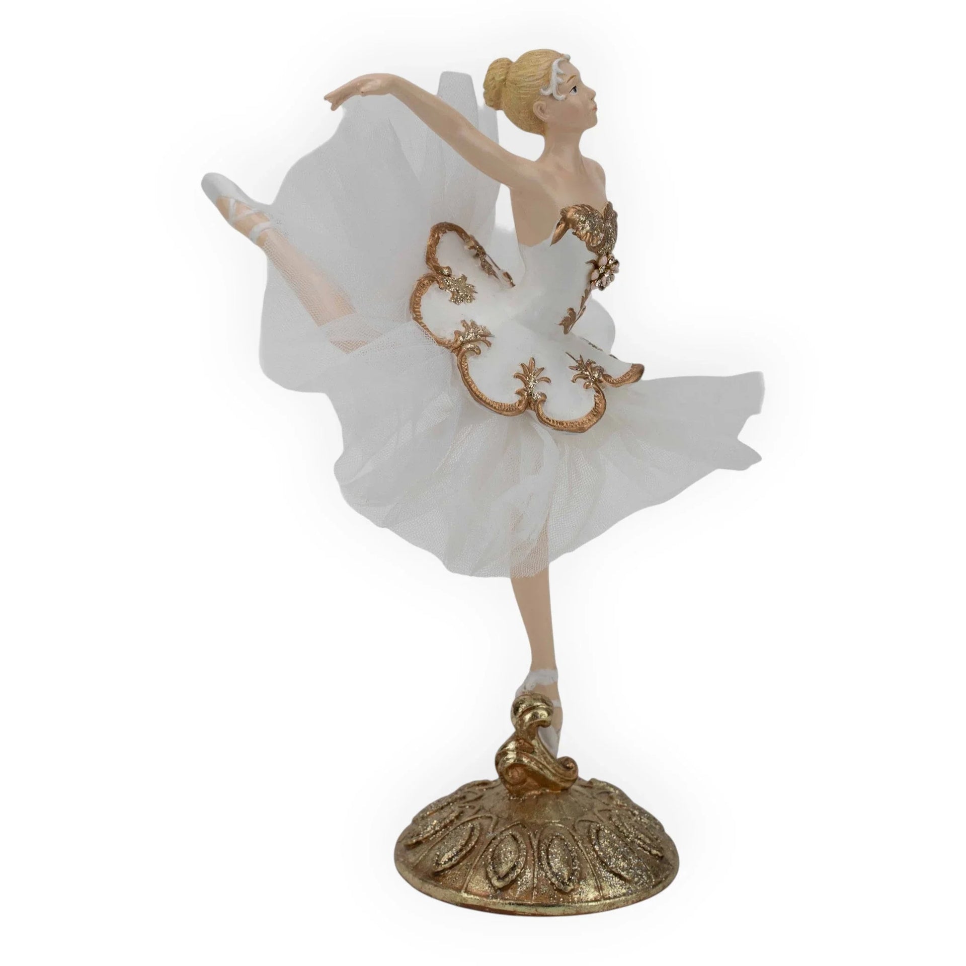 Elegant ballerina figurine in white tutu with gold accents, perfect for home décor and vintage-inspired spaces.