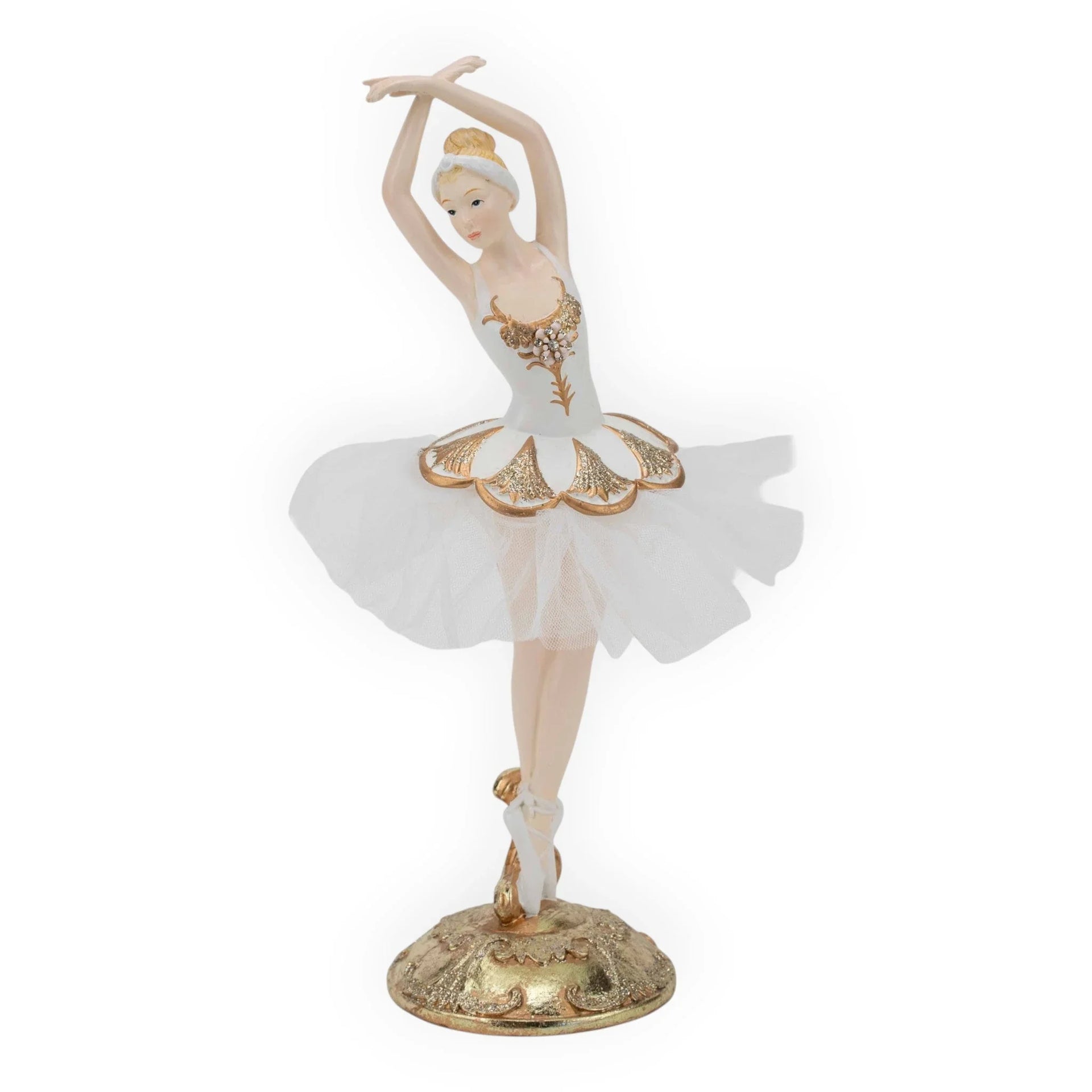 Elegant white ballerina figurine with gold accents and tulle skirt, perfect for home décor