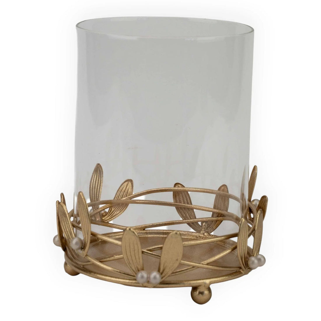 Gold leaf candle holder with pearl accents and frosted glass, elegant home décor accessory