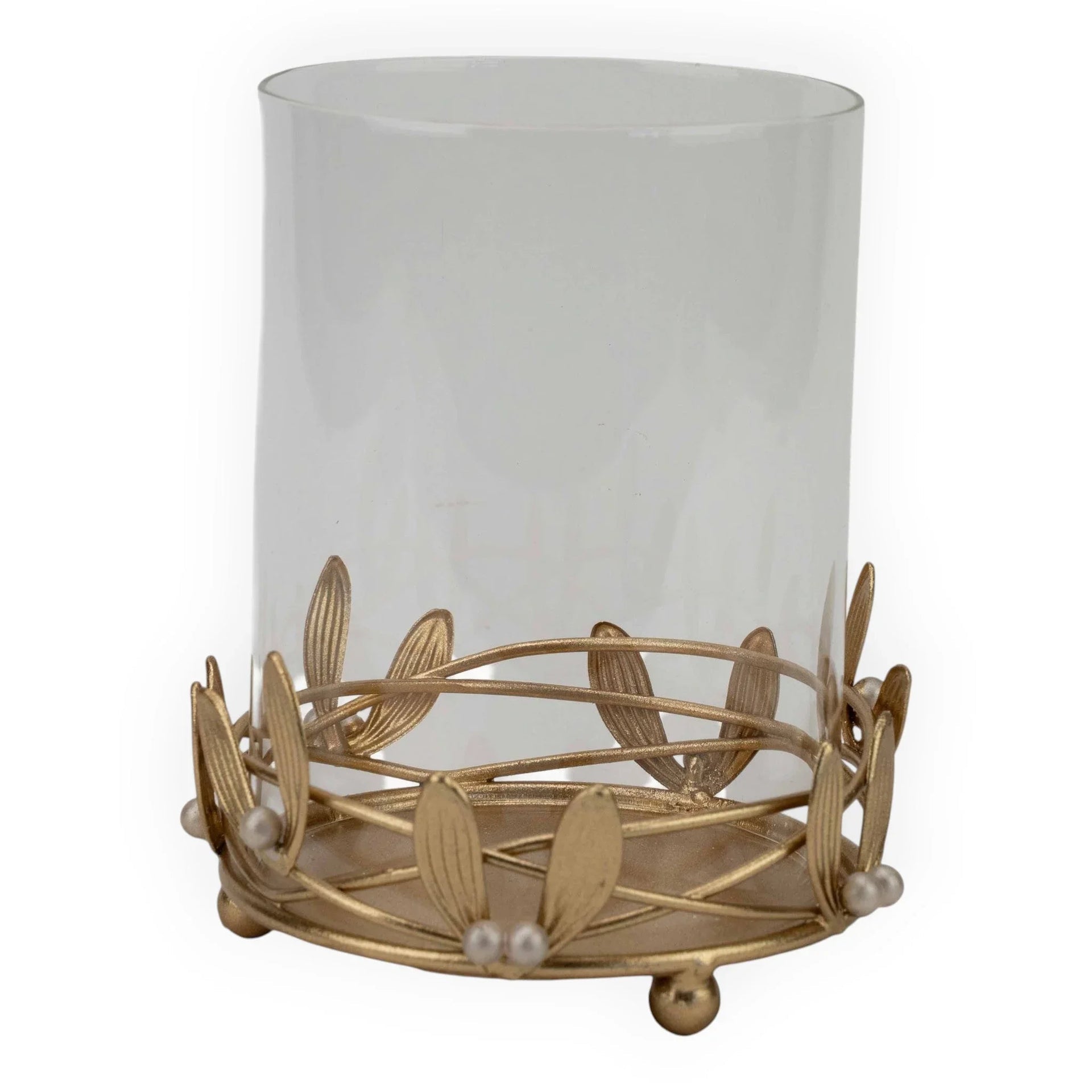 Gold leaf candle holder with pearl accents and frosted glass, elegant home décor accessory