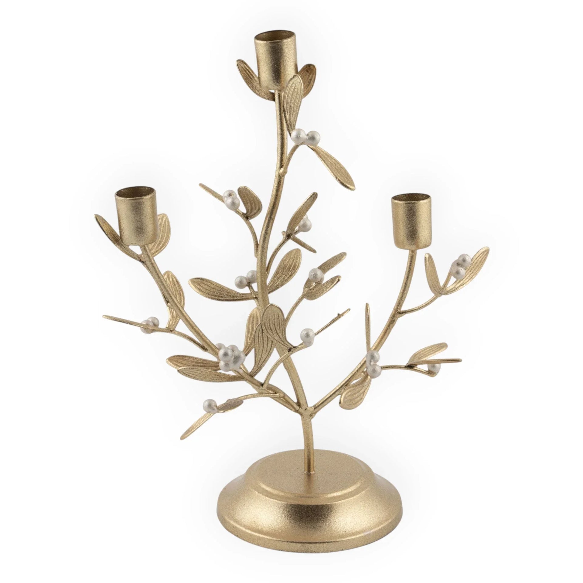 Gold leaf and berry candle holder with three arms, elegant home décor accent