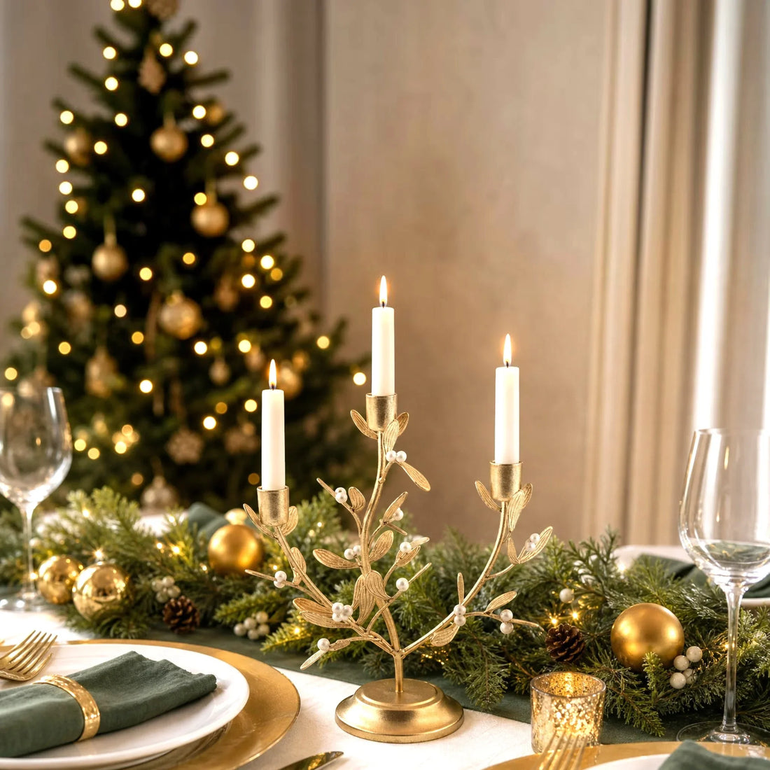 Theatre Gold Leaf Candelabra with lit candles on a festive holiday dinner table