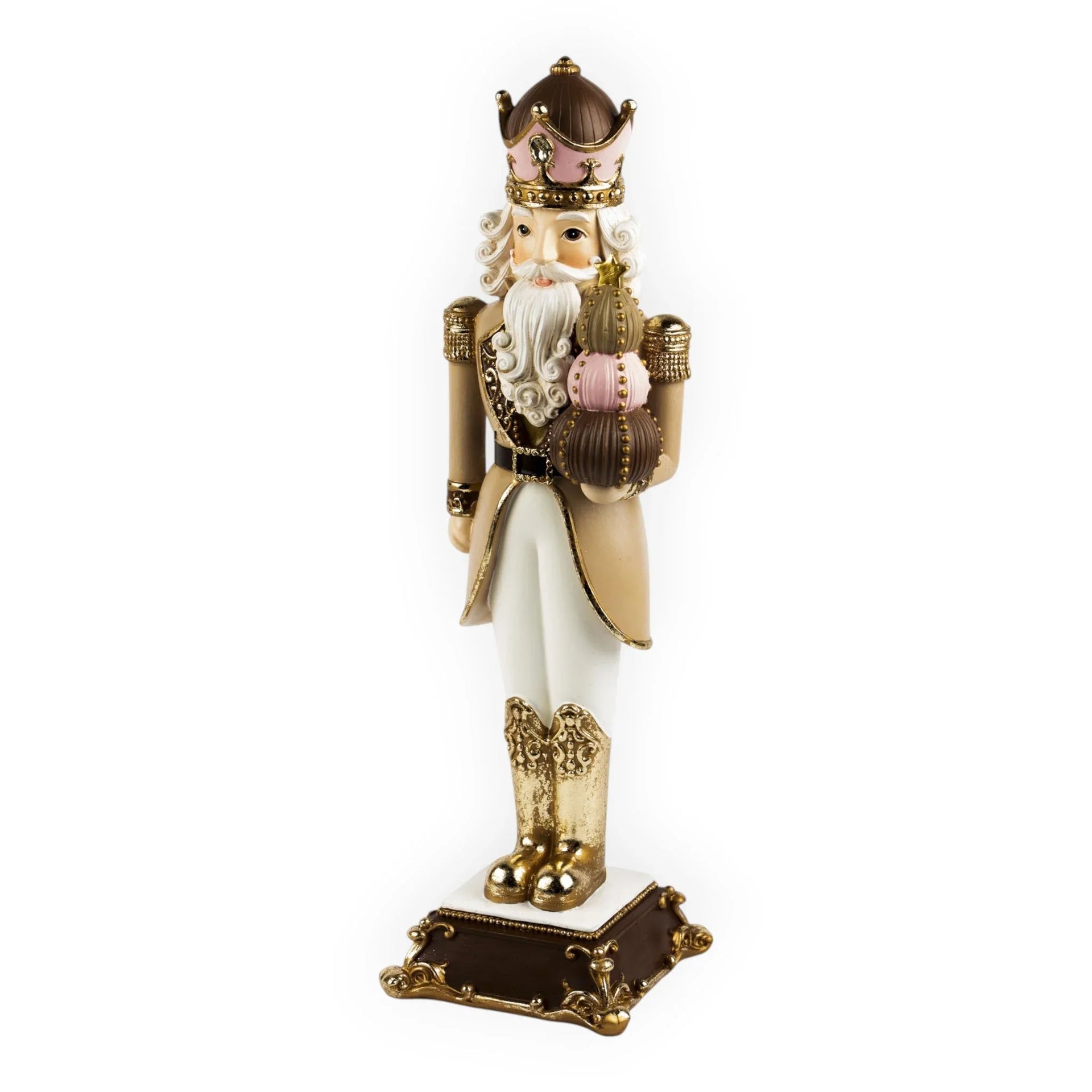 Elegant nutcracker figurine with crown, holding ornaments, gold accents, vintage home decor