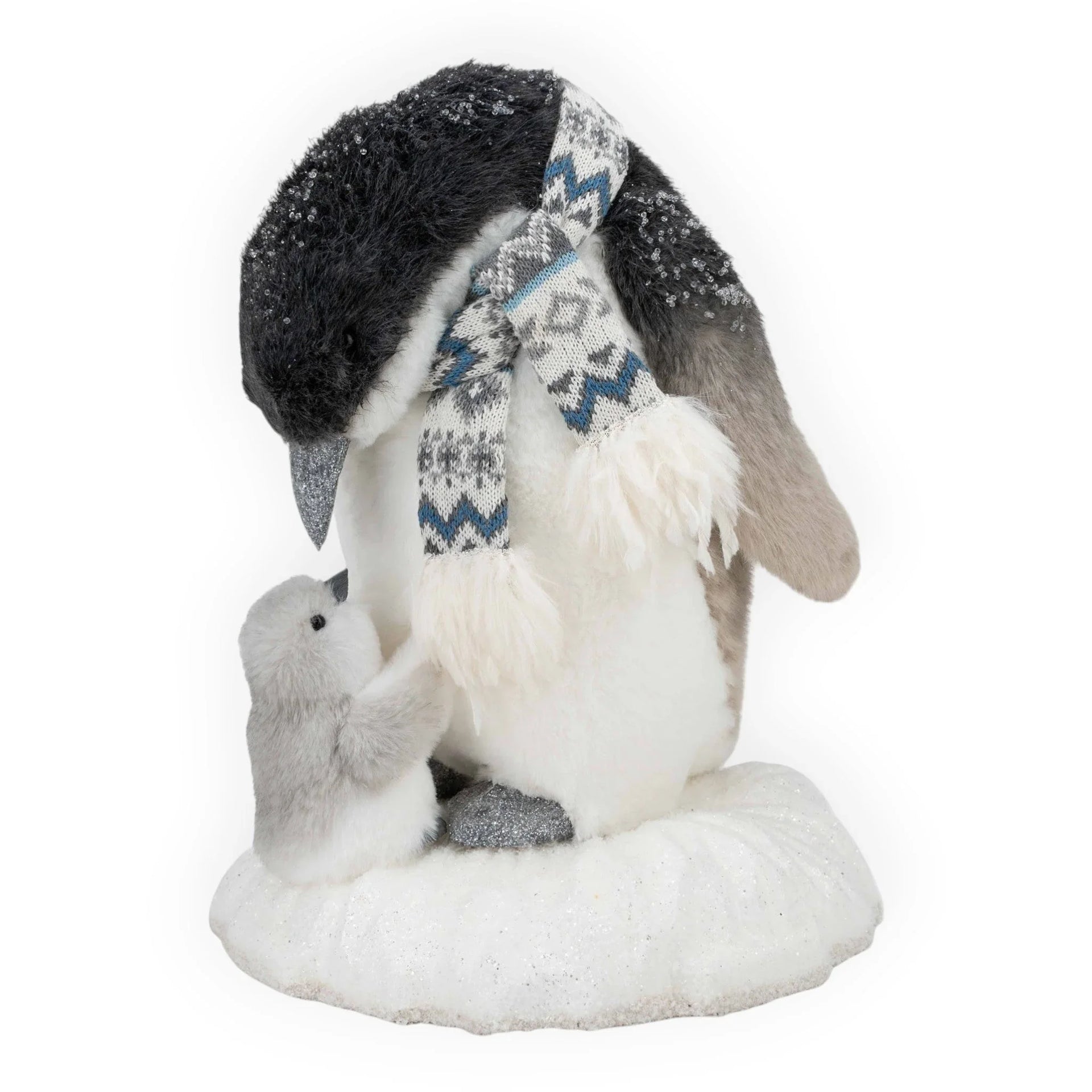 Furry penguin figurine with baby chick, wearing cozy scarf, perfect for winter home décor