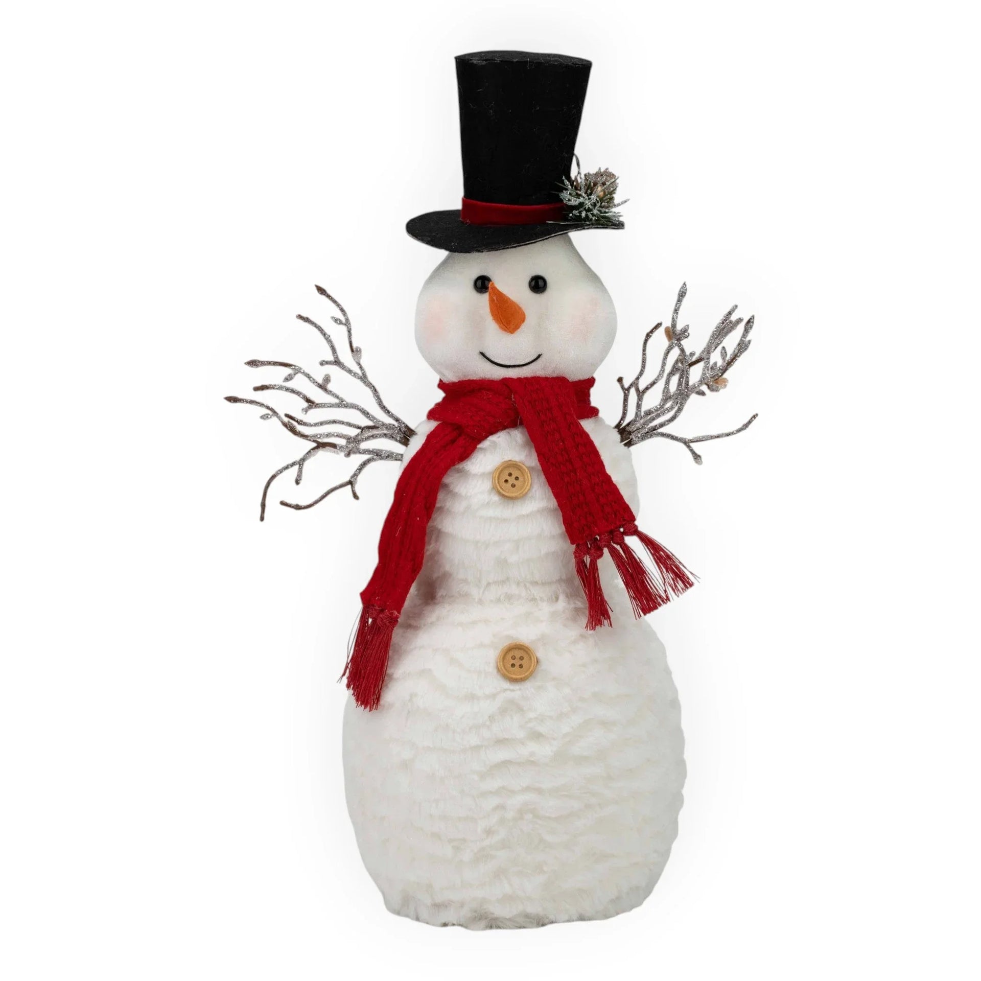 Festive snowman with black top hat, red scarf, and glittery branches for holiday home décor