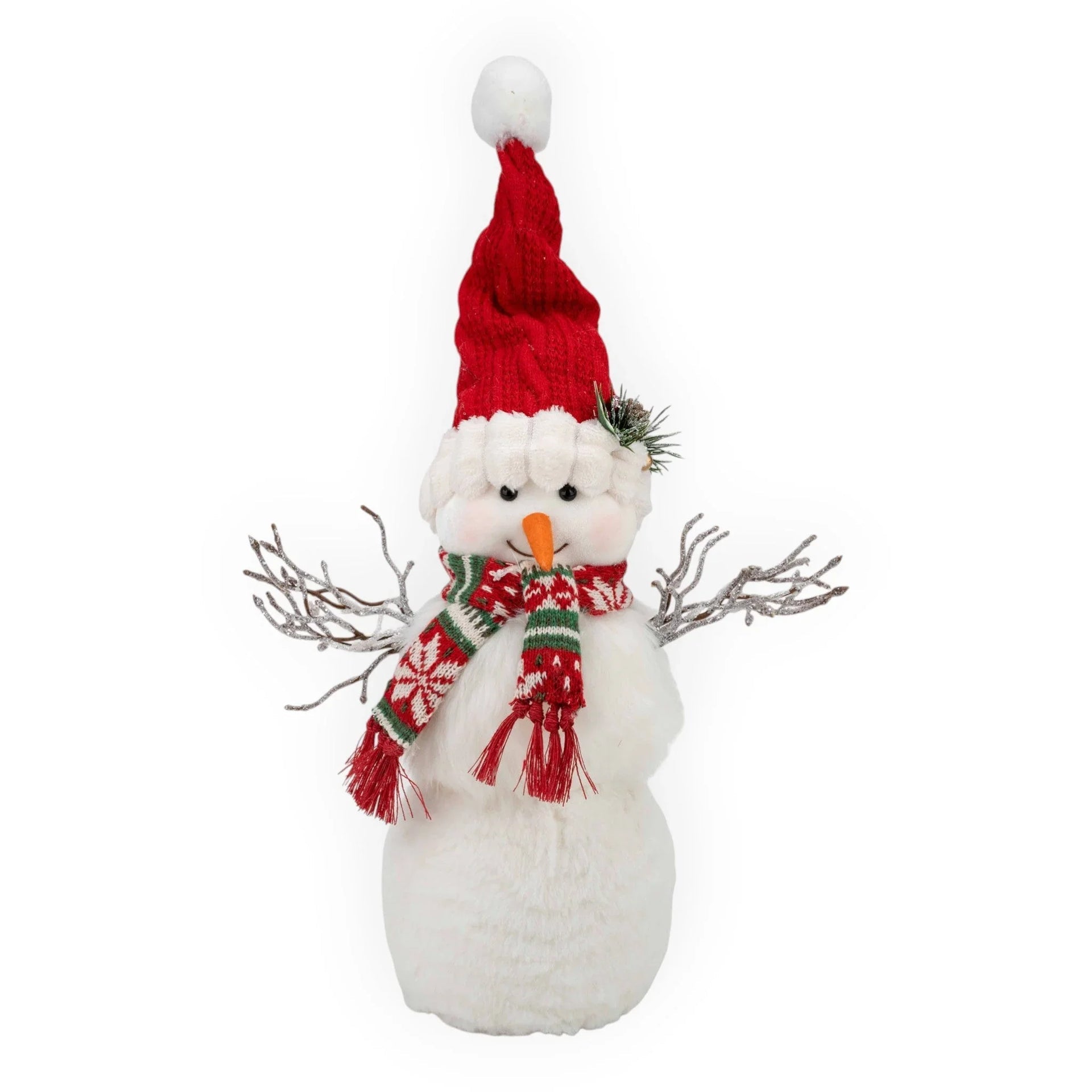 Festive snowman decoration with red hat, patterned scarf, and glittery branches for holiday home décor