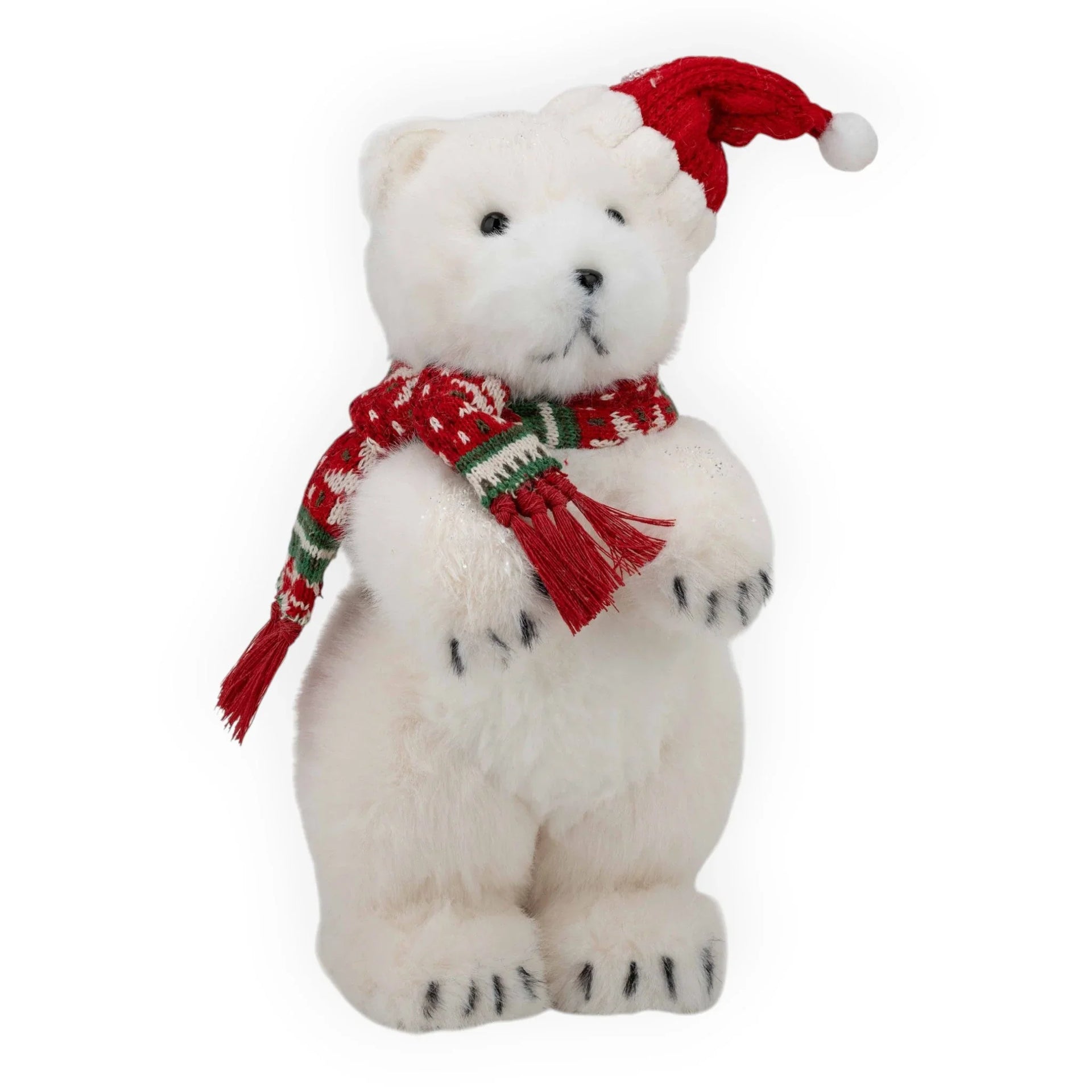 Fluffy white polar bear plush with red Santa hat and festive scarf, holiday home décor accent