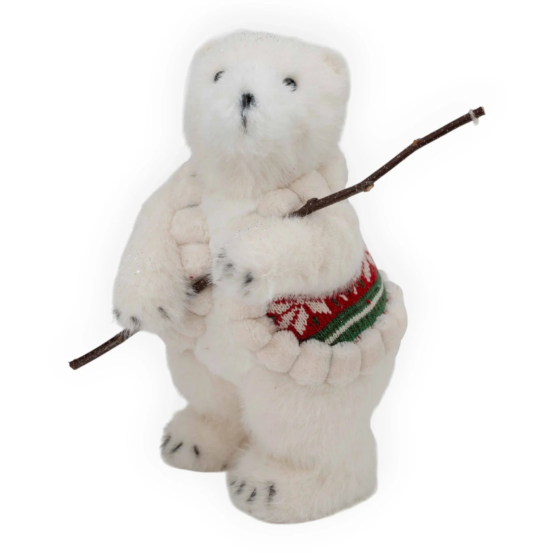 Fluffy white polar bear figurine in red and green sweater holding a stick, festive home decor
