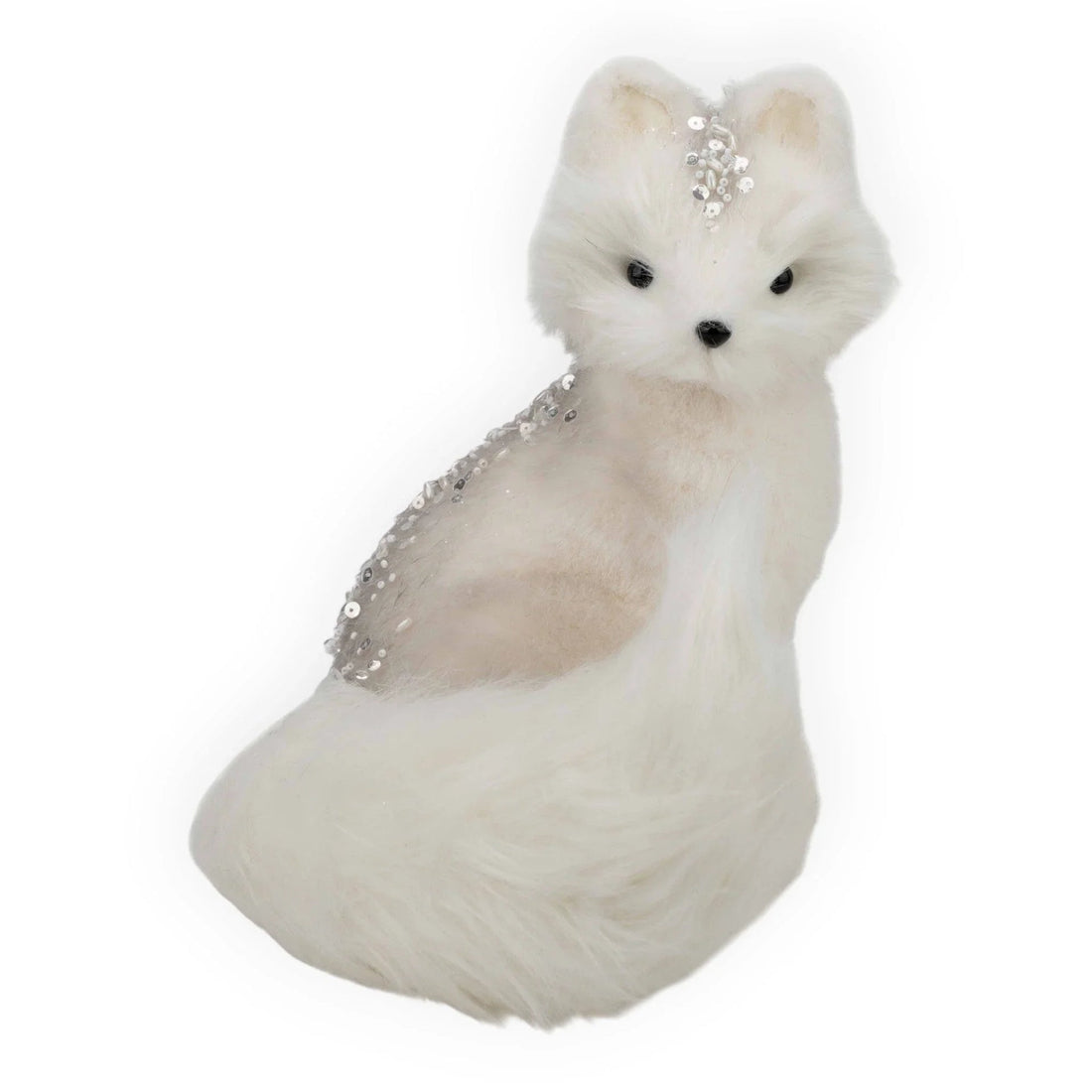 White fluffy fox figurine with silver sequin accents, elegant home décor accessory