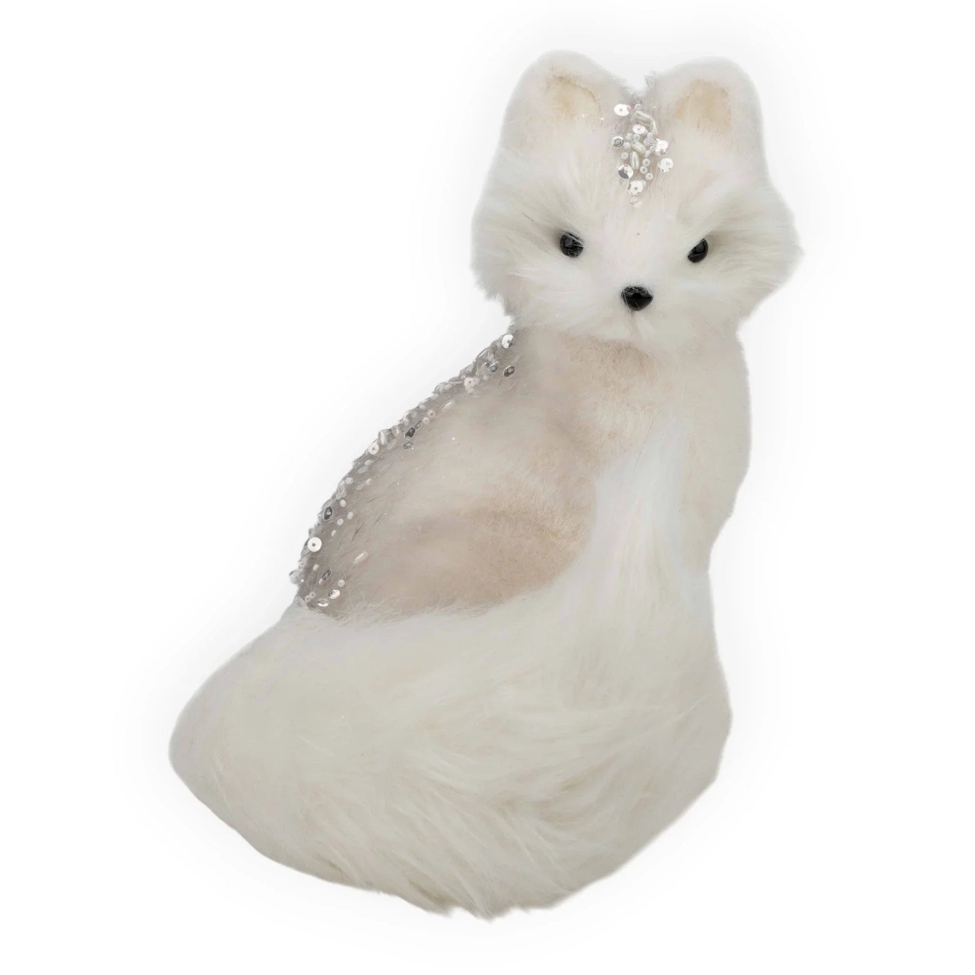 White fluffy fox figurine with silver sequin accents, elegant home décor accessory