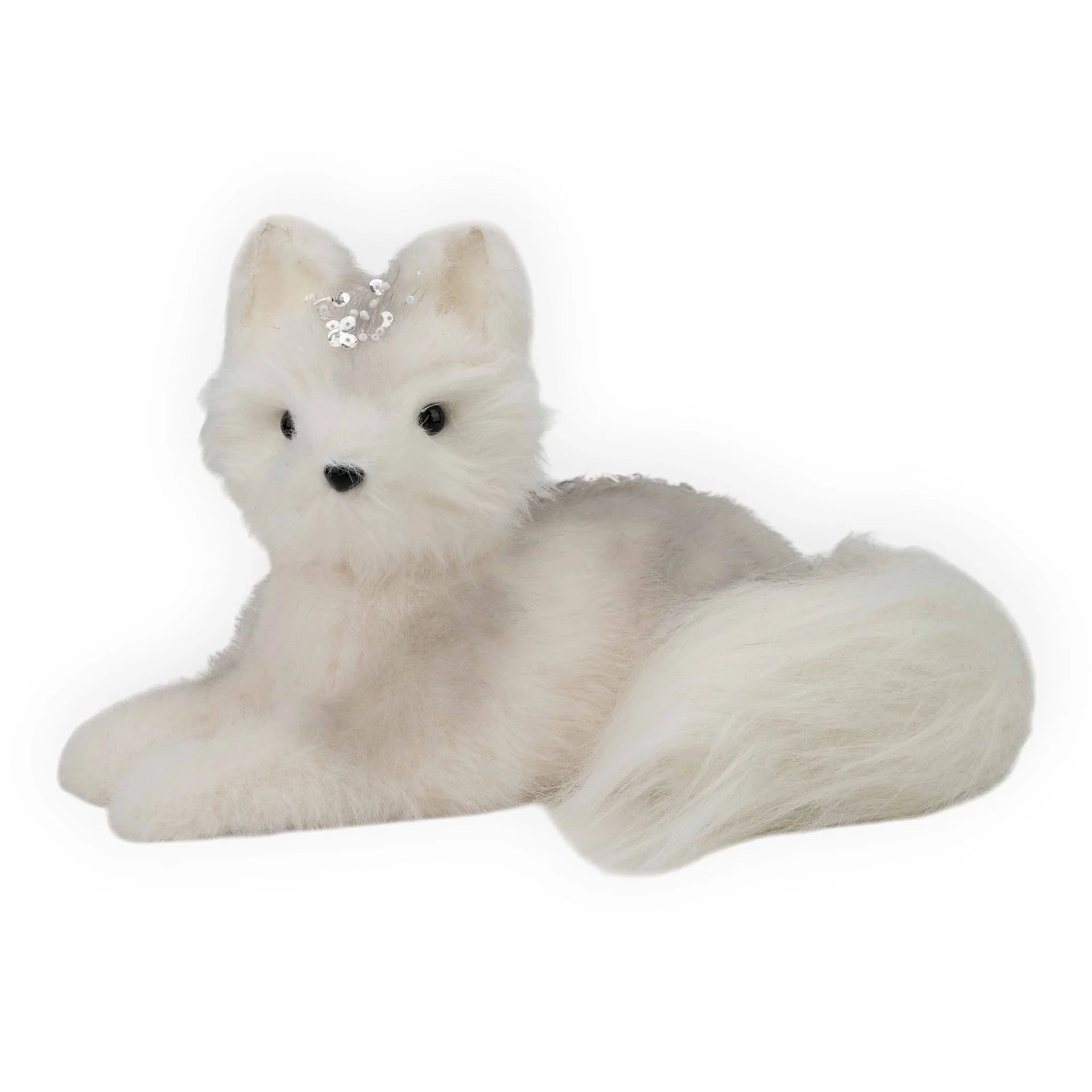 Fluffy white fox plush with silver sequin crown, elegant home décor accent