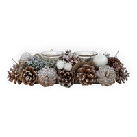Frosted pinecone centerpiece with glitter accents and glass candle holders for holiday home decor