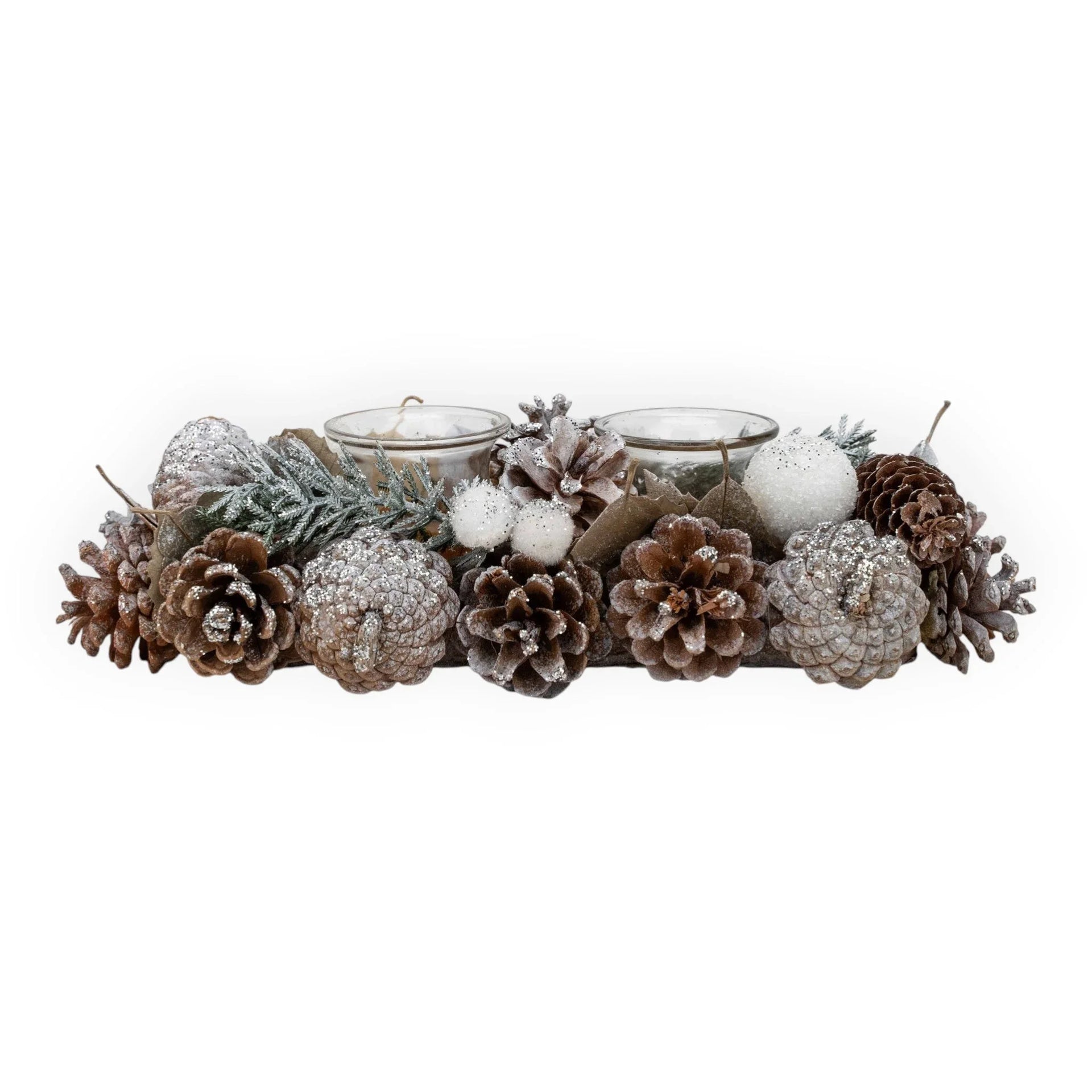 Frosted pinecone centerpiece with glitter accents and glass candle holders for holiday home decor