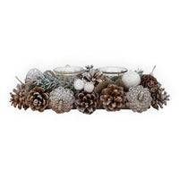 Frosted pinecone centerpiece with glitter accents and glass candle holders for holiday home decor