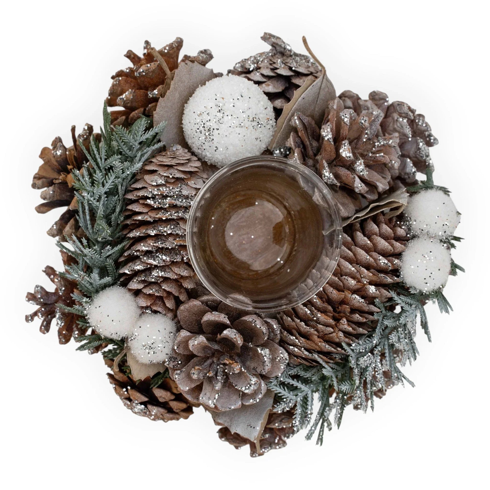 Festive pinecone wreath with glitter, faux snowballs, and evergreen accents for holiday home décor