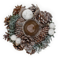 Festive pinecone wreath with glitter, faux snowballs, and evergreen accents for holiday home décor
