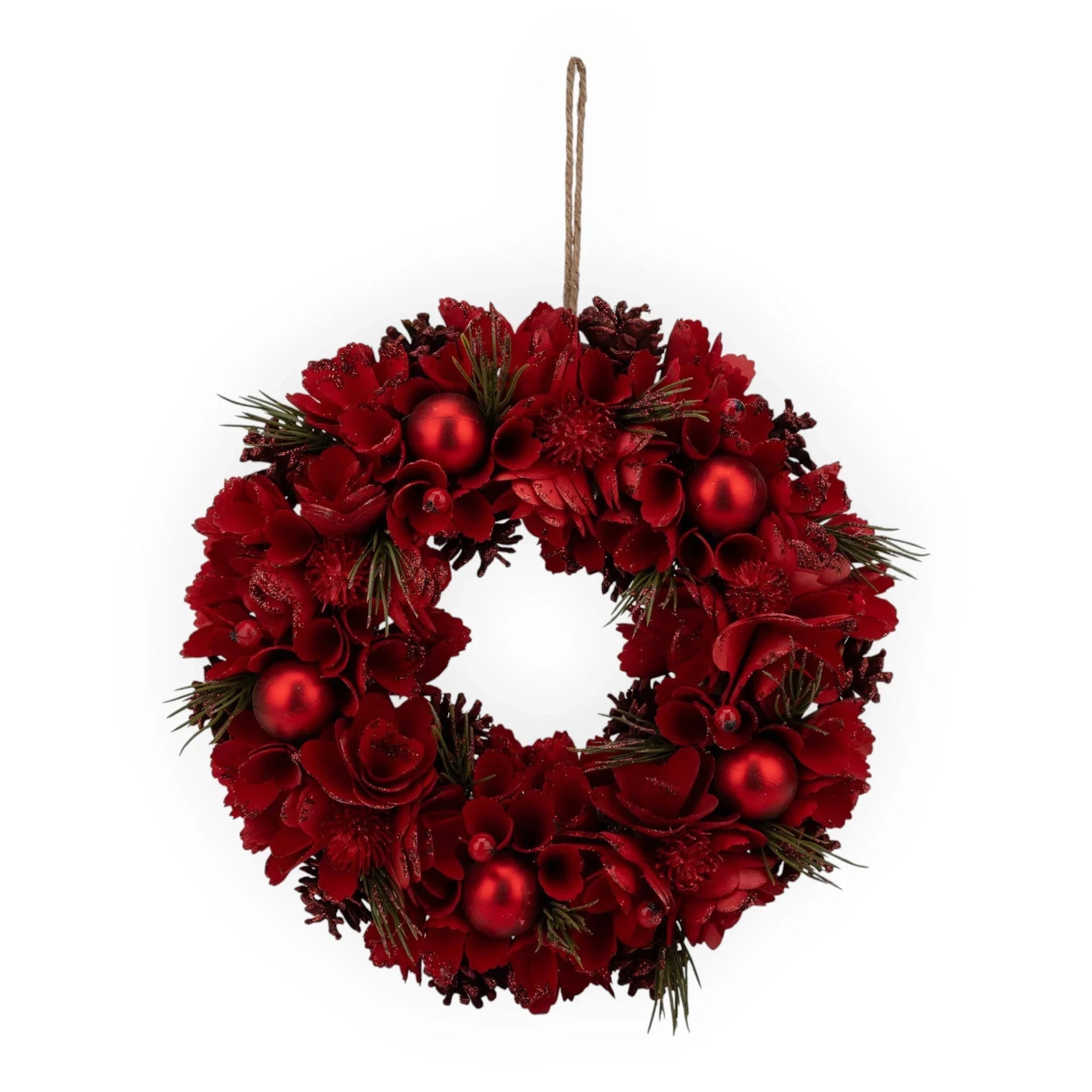 Red floral Christmas wreath with pinecones, ornaments, and greenery for festive home décor