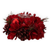 Red glittery floral candle holder with pinecones and ornaments for festive home décor