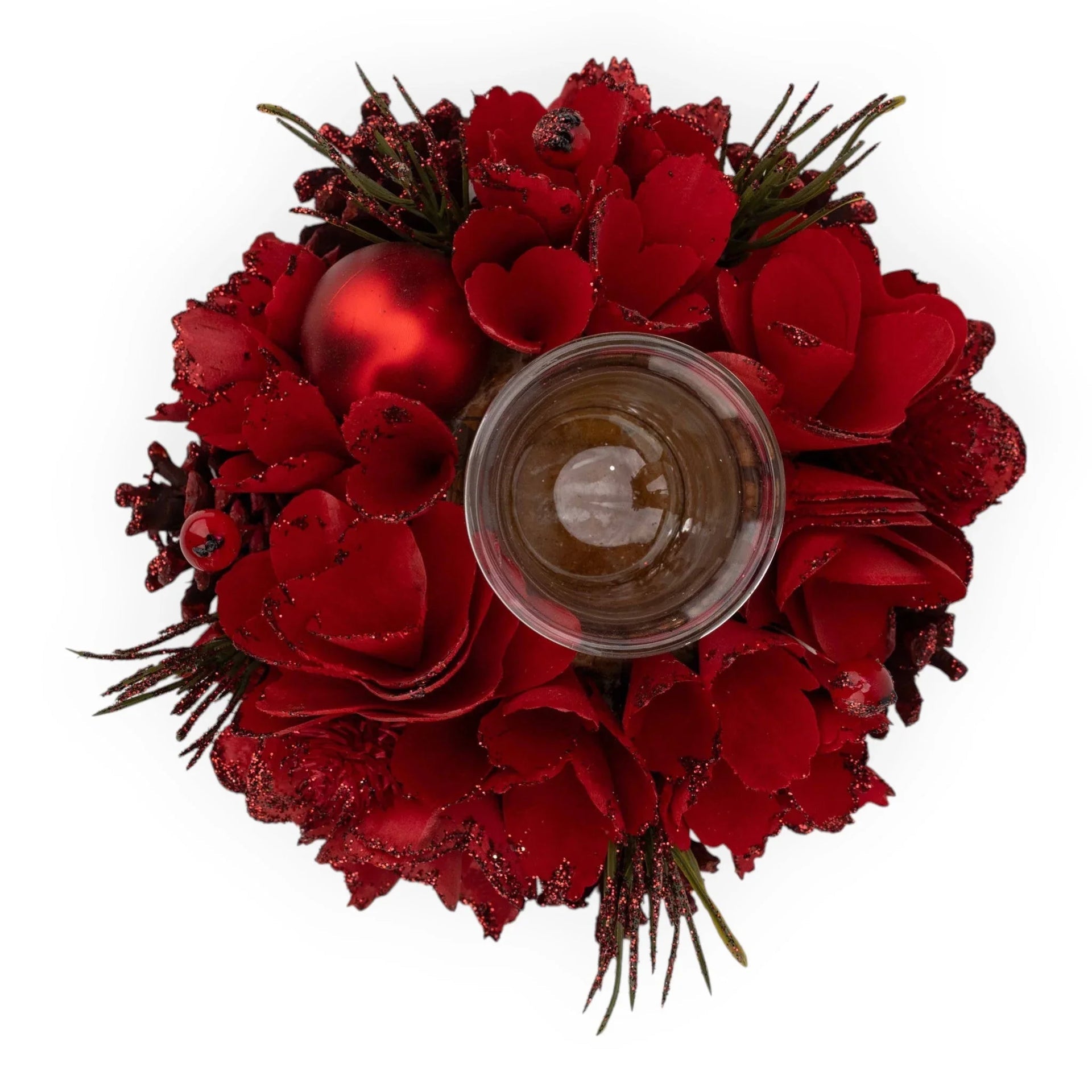 Red glittery floral candle holder with pine accents, festive home décor centerpiece