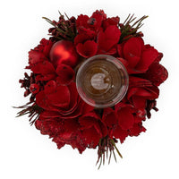 Red glittery floral candle holder with pine accents, festive home décor centerpiece