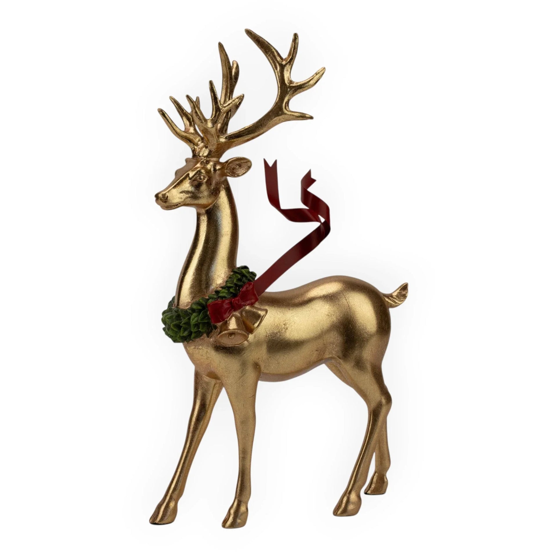 Golden reindeer figurine with green wreath, red bow, and ribbon, festive holiday home décor accent