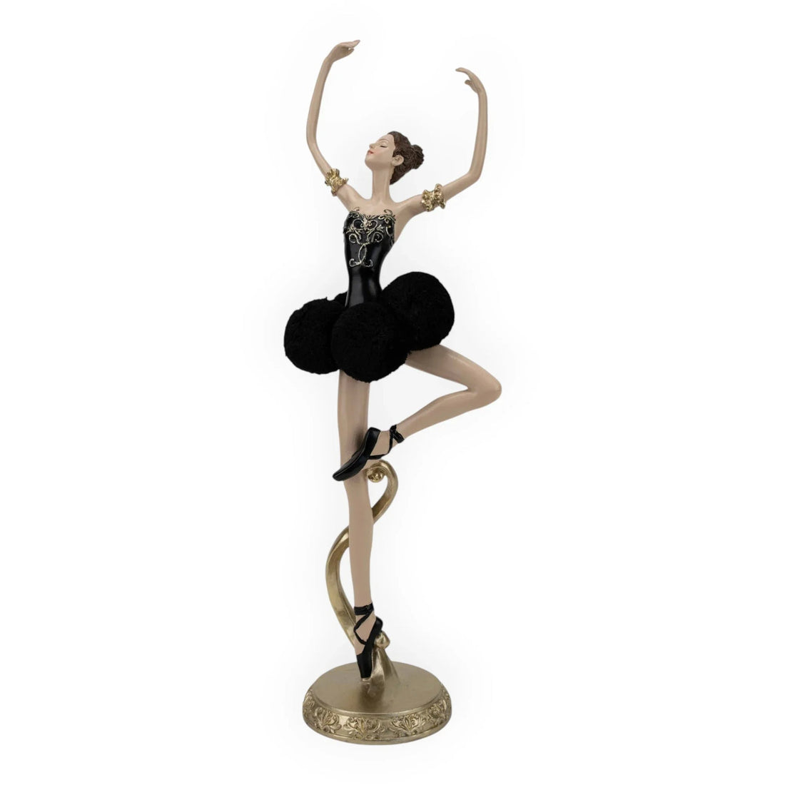 Elegant black tutu ballerina figurine with gold accents, perfect for home décor and vintage-inspired interiors.