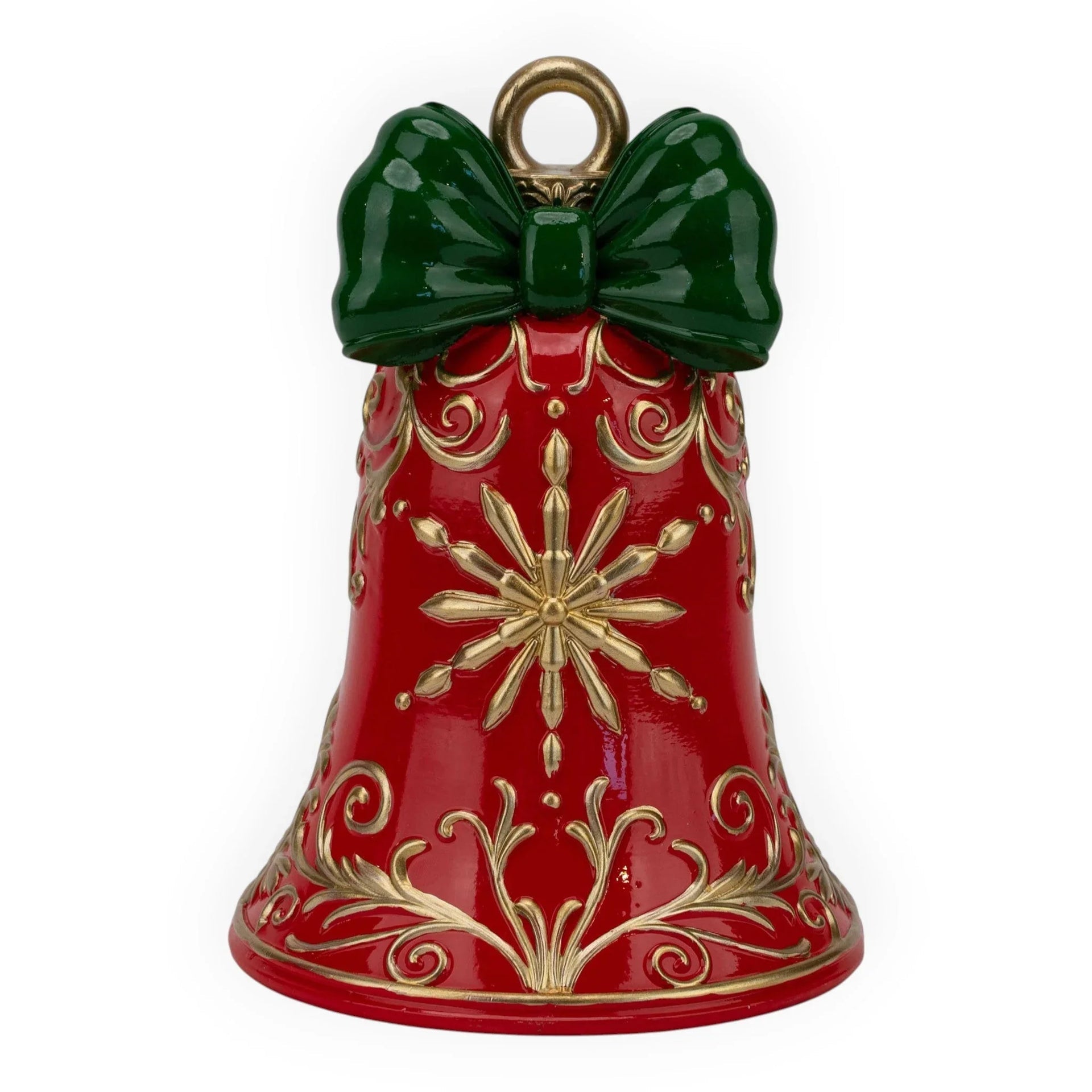 Red Christmas bell ornament with gold snowflake, green bow, and vintage scrollwork for festive home décor