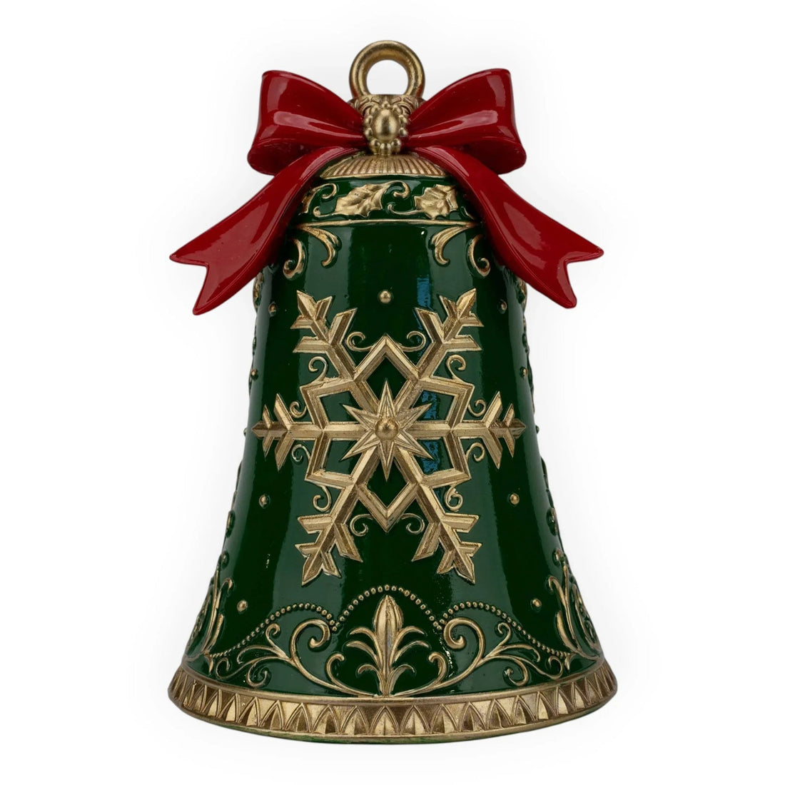 Green Christmas bell ornament with gold snowflake, red bow, and vintage holiday decor design