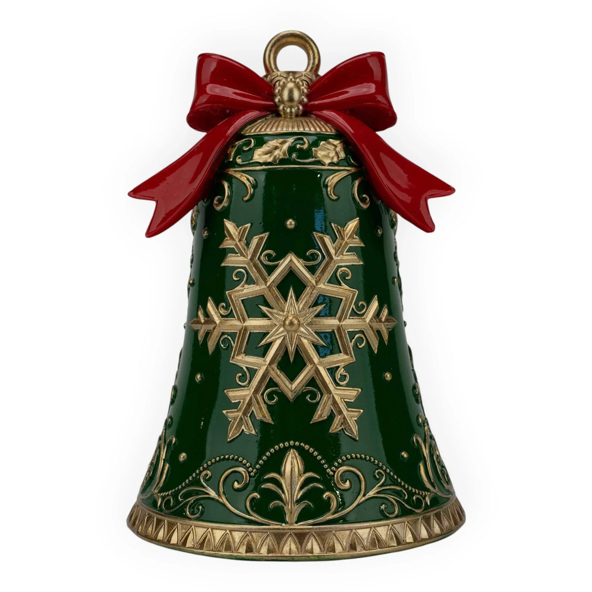 Green Christmas bell ornament with gold snowflake, red bow, and vintage holiday decor design