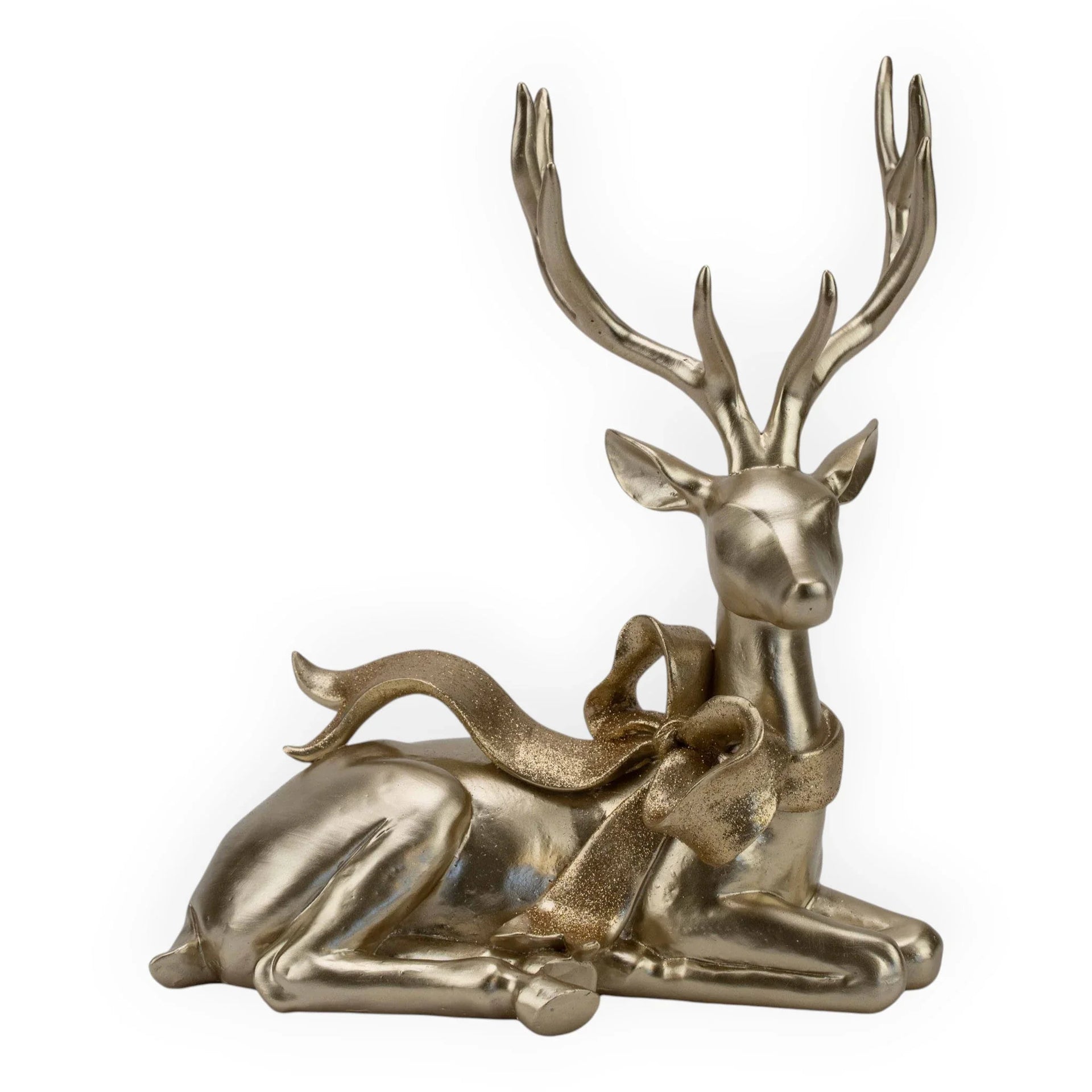 Gold deer figurine with bow, elegant home décor accent for living room or shelf display