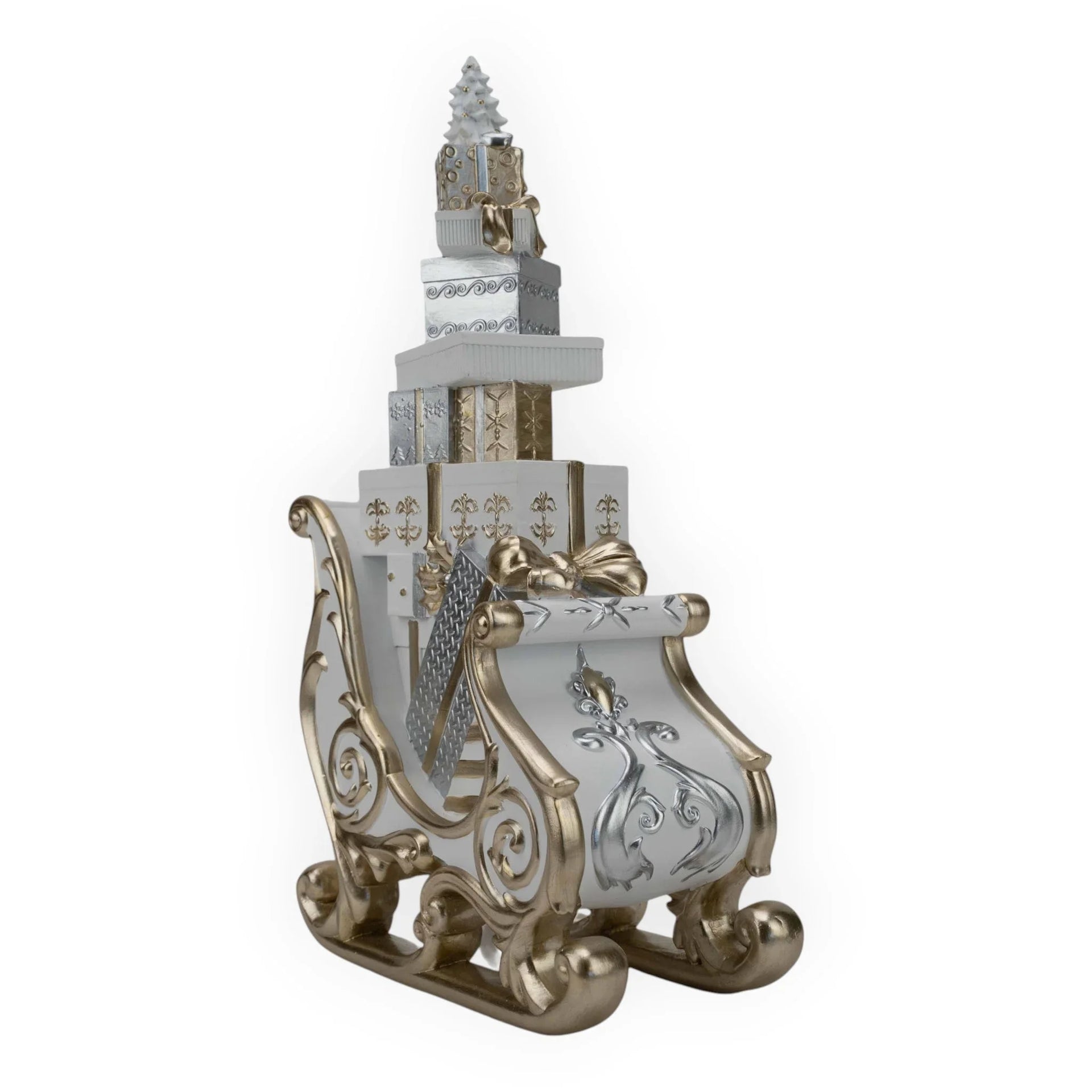 Elegant white and gold sleigh filled with festive gifts and a mini Christmas tree, perfect for holiday home décor.
