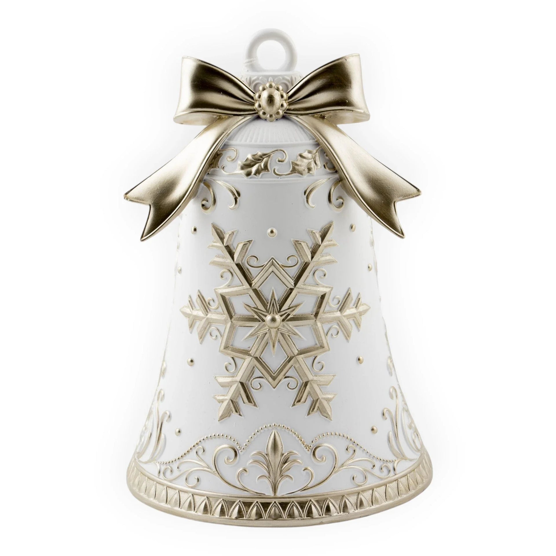 White Christmas bell ornament with gold snowflake, bow, and scrollwork for festive home décor