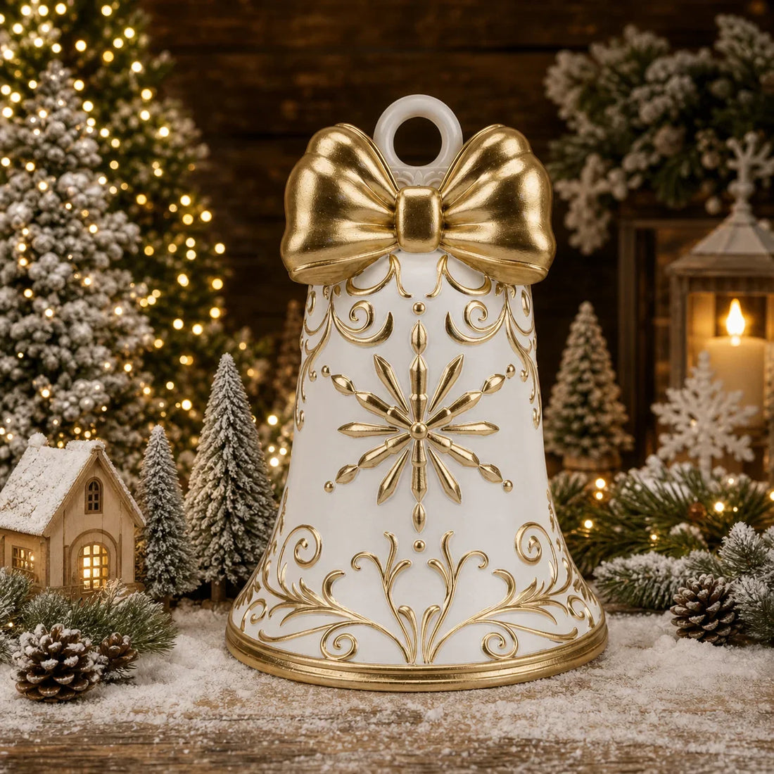 Theatre Champagne Ivory Bell with gold bow and snowflake detailing in a festive winter setting