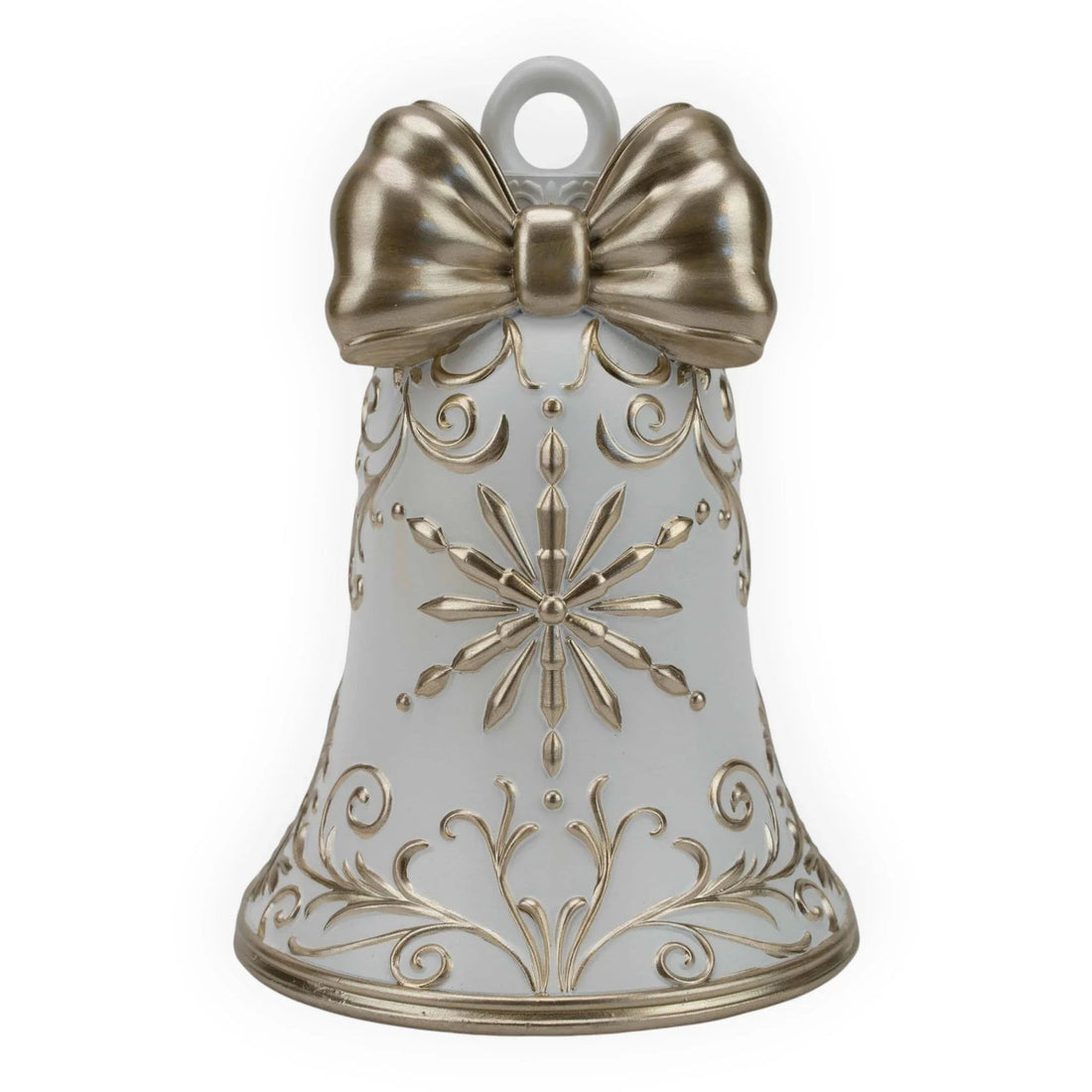 Elegant white and gold holiday bell ornament with bow, perfect for Christmas décor and festive home styling.